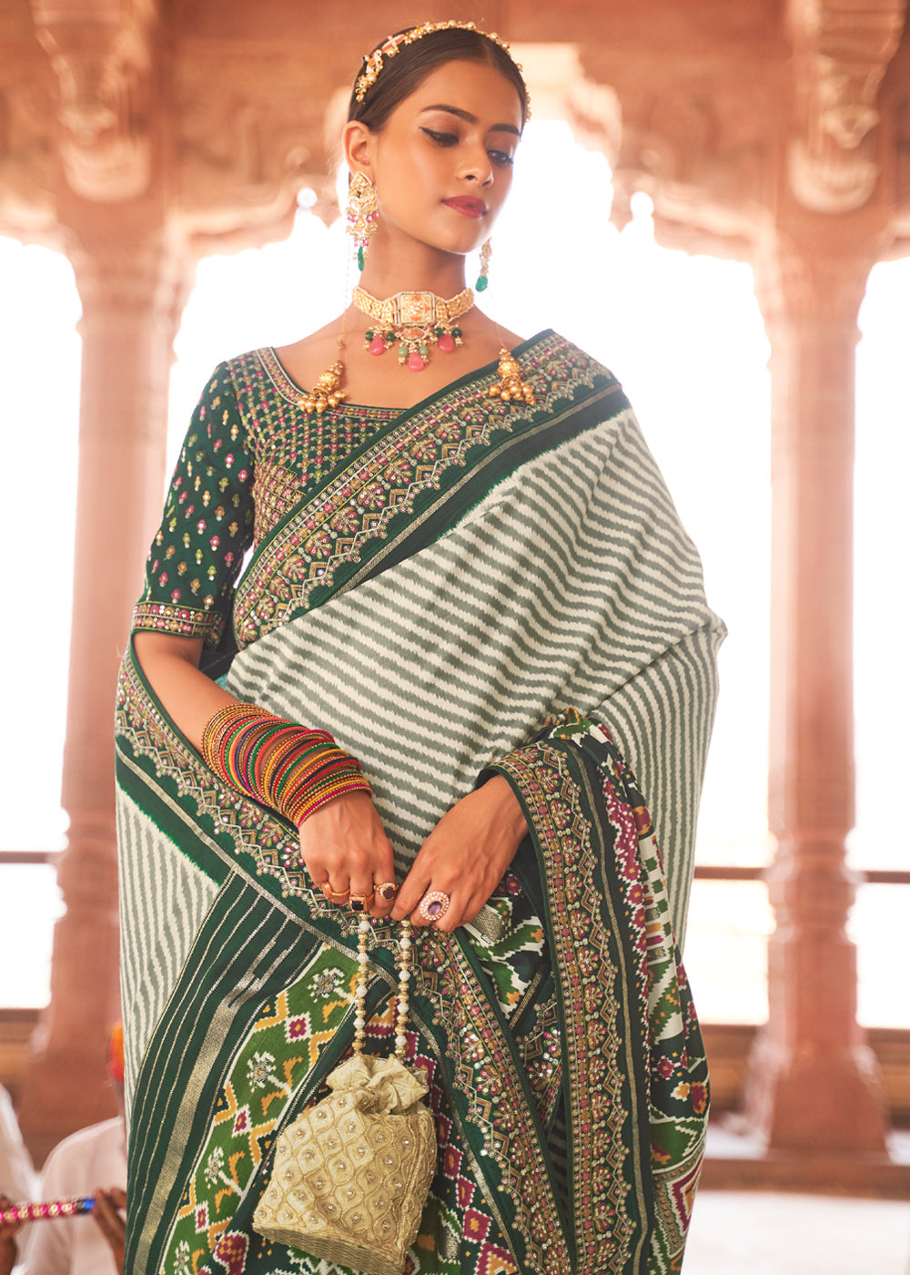 MySilkLove Bison Hide Green and White Woven Patola Saree