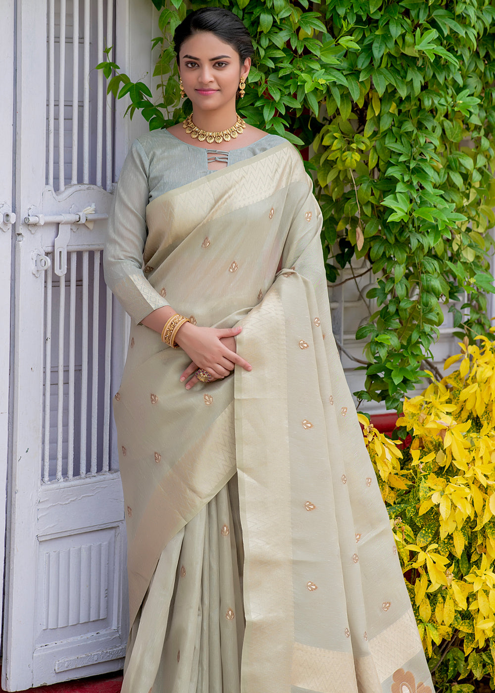 Buy MySilkLove Soft Amber Grey Woven Banarasi Linen Silk Saree Online