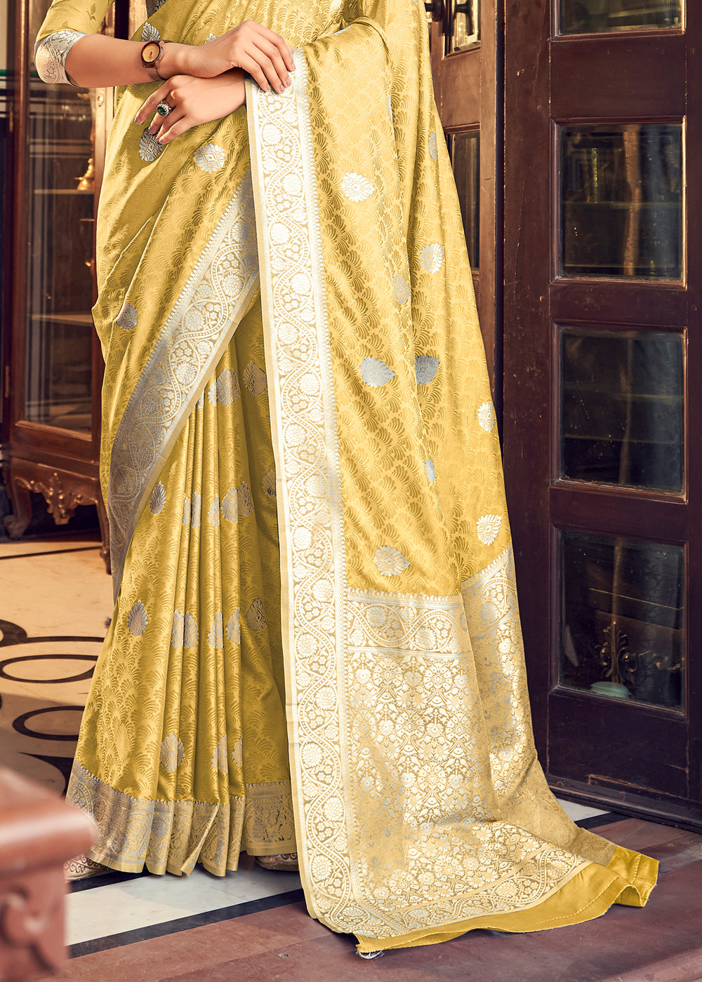 Buy MySilkLove Sunset Pearl Yellow Banarasi Woven Satin Silk Saree Online