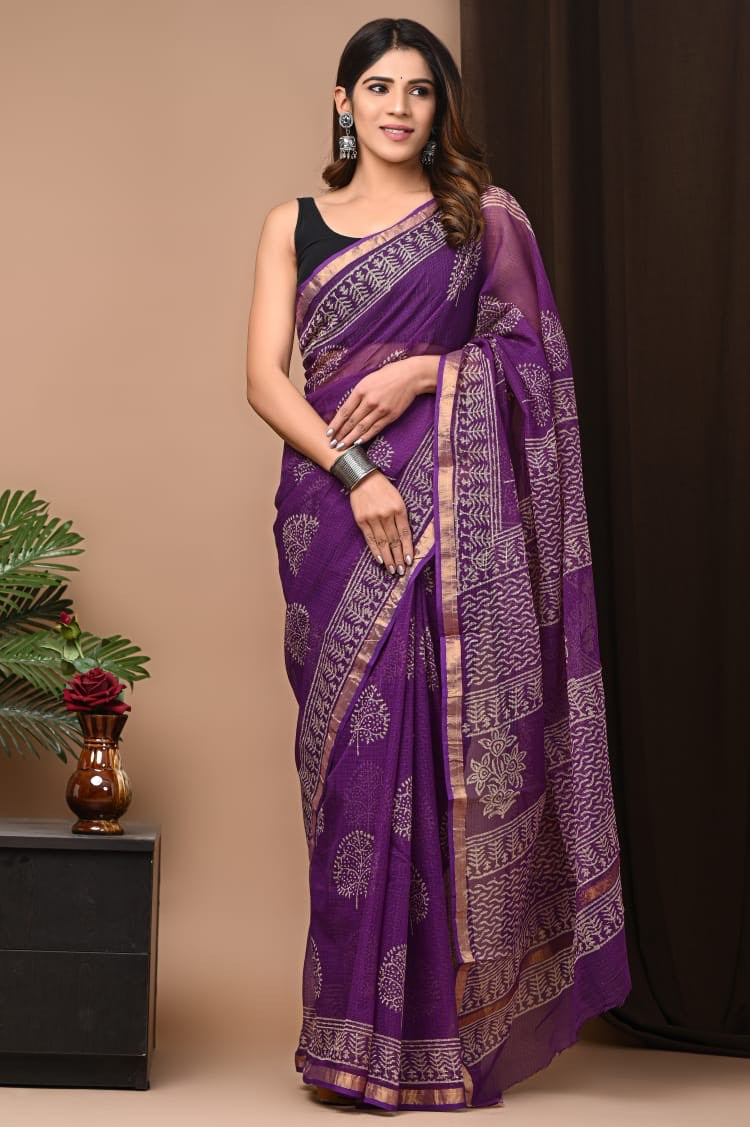 Buy MySilkLove Strikemaster Purple Handblock Kota Doriya Saree Online