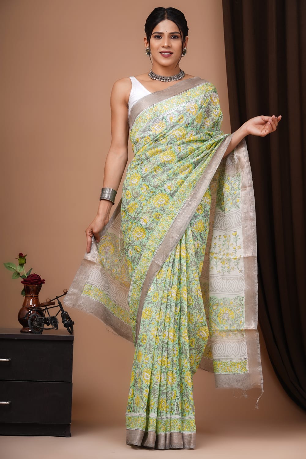 Buy MySilkLove Sprout Green Handblock Kota Doriya Saree Online