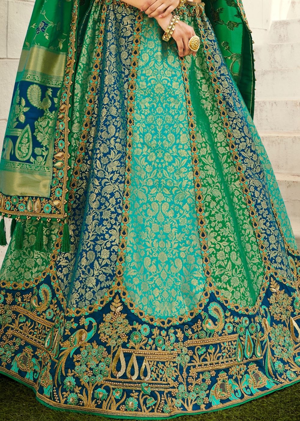 Buy MySilkLove Green Pea Heavy Embroidered Designer Banarasi Lehenga Online