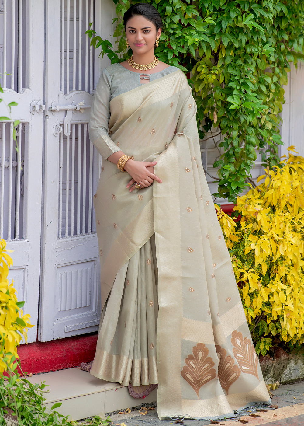 Buy MySilkLove Soft Amber Grey Woven Banarasi Linen Silk Saree Online