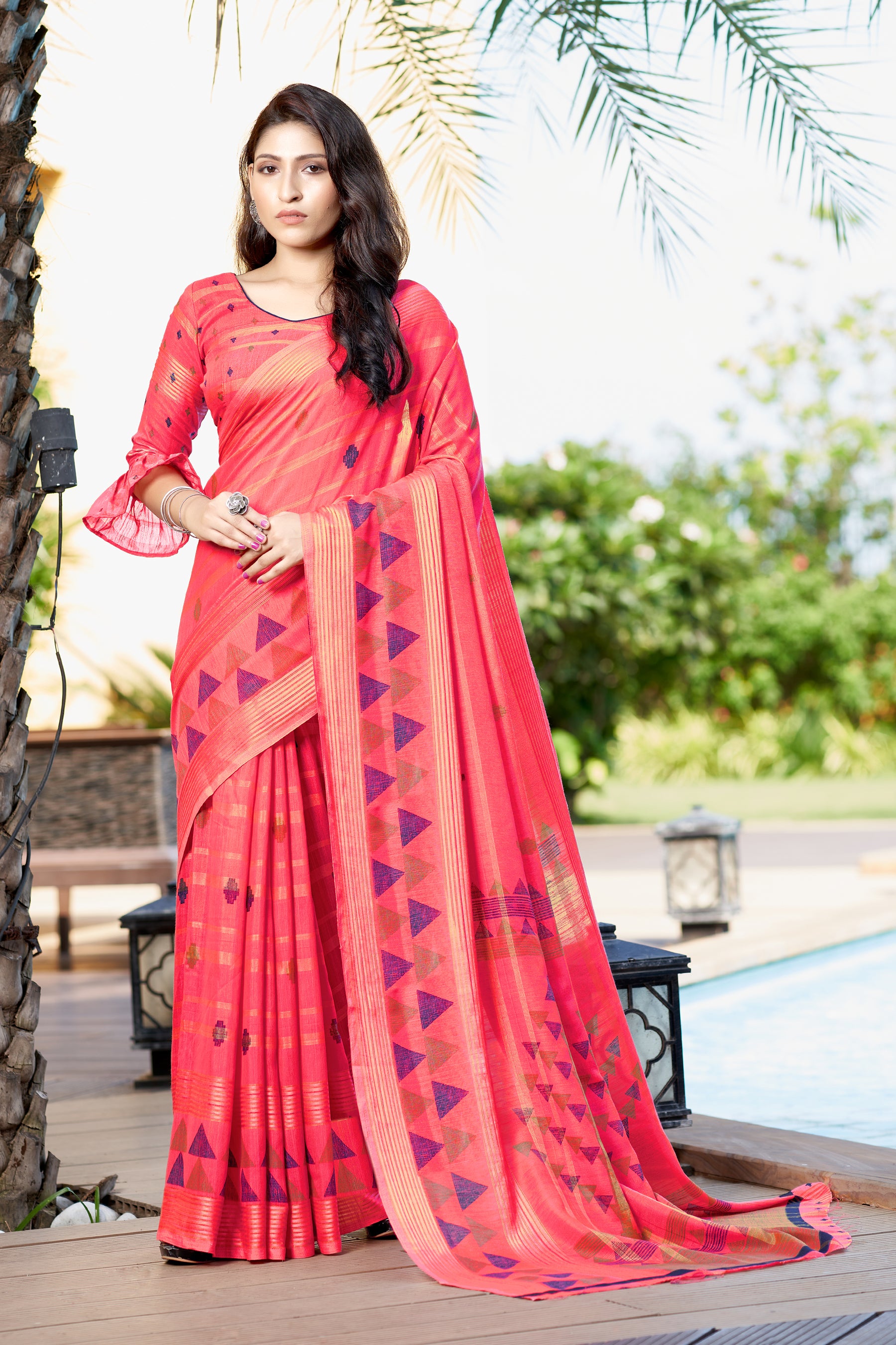 Buy MySilkLove Tulip Pink Printed Linen Saree Online