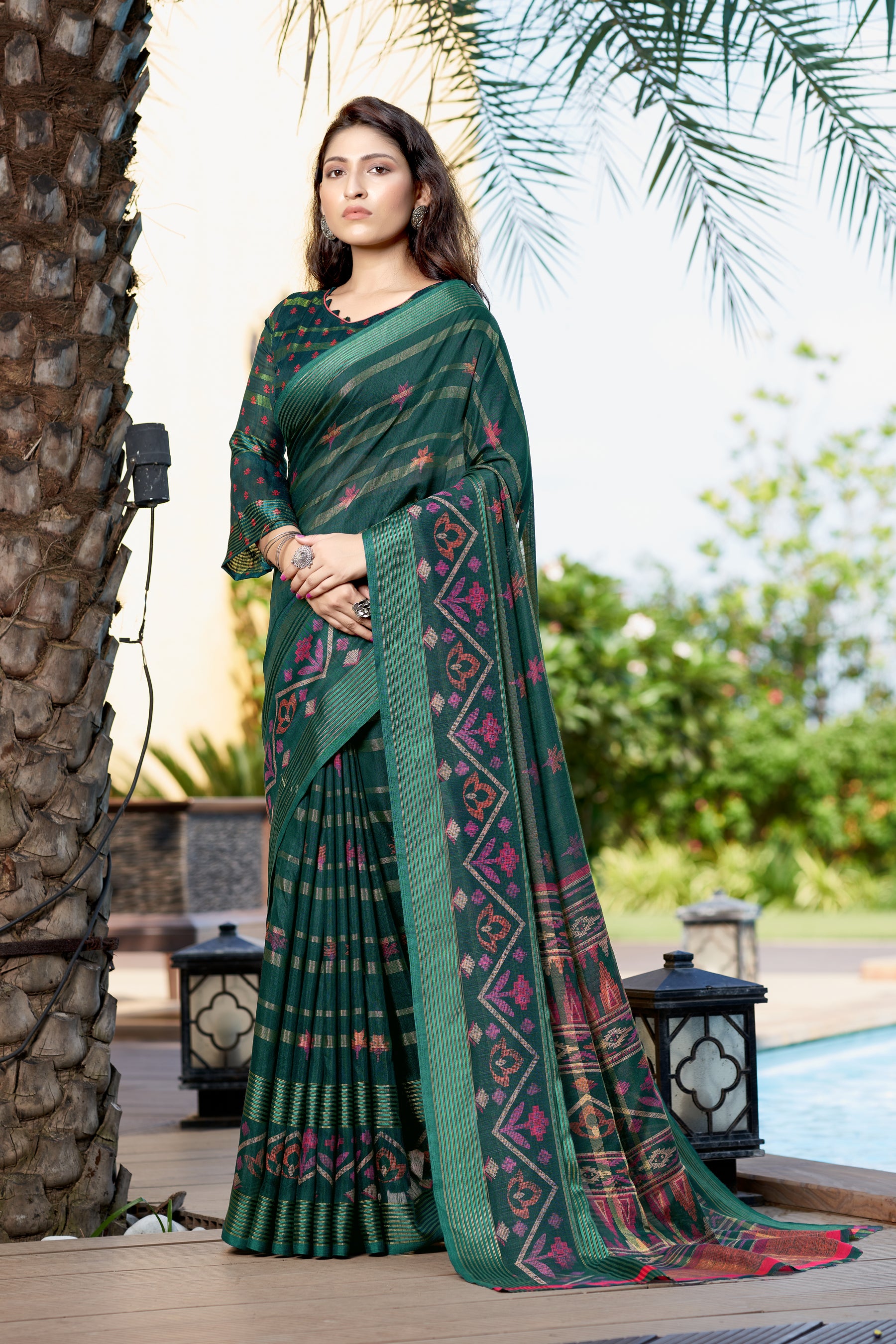 Buy MySilkLove Faded Jade Green Printed Linen Saree Online