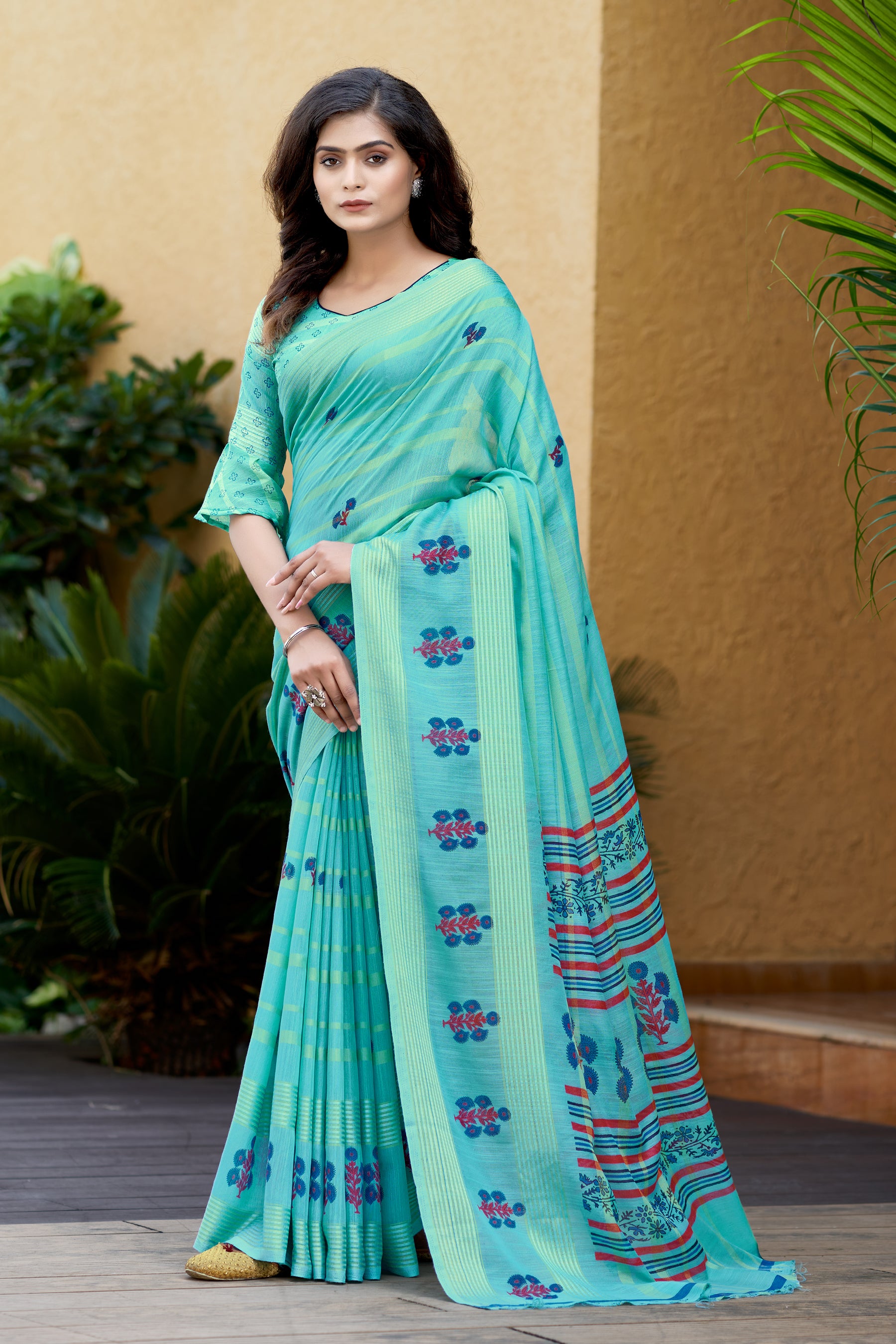 Buy MySilkLove Aquamarine Blue Printed Linen Saree Online