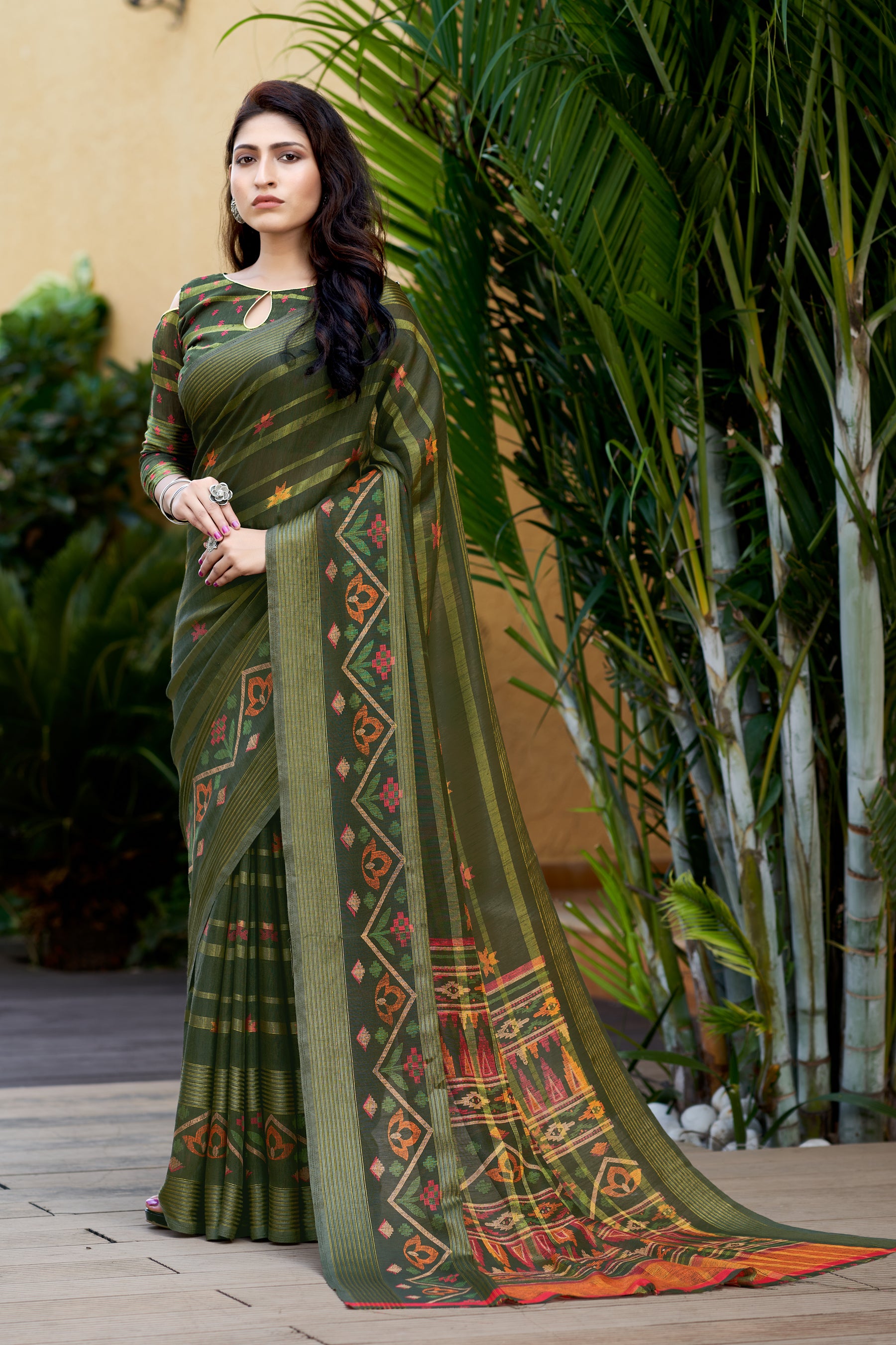 Buy MySilkLove Kelp Green Printed Linen Saree Online