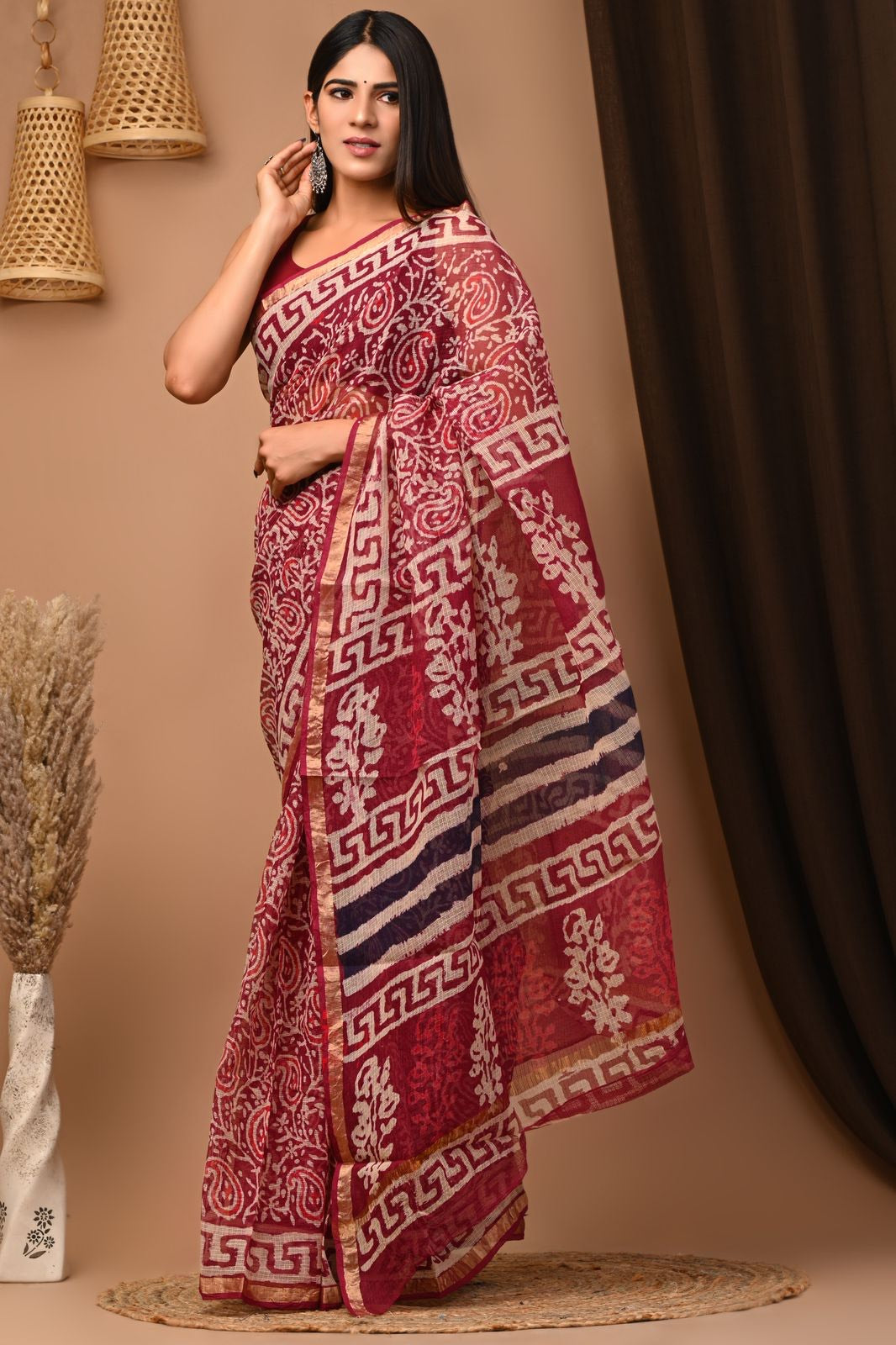 Buy MySilkLove Well Read Handblock Kota Doriya Saree Online