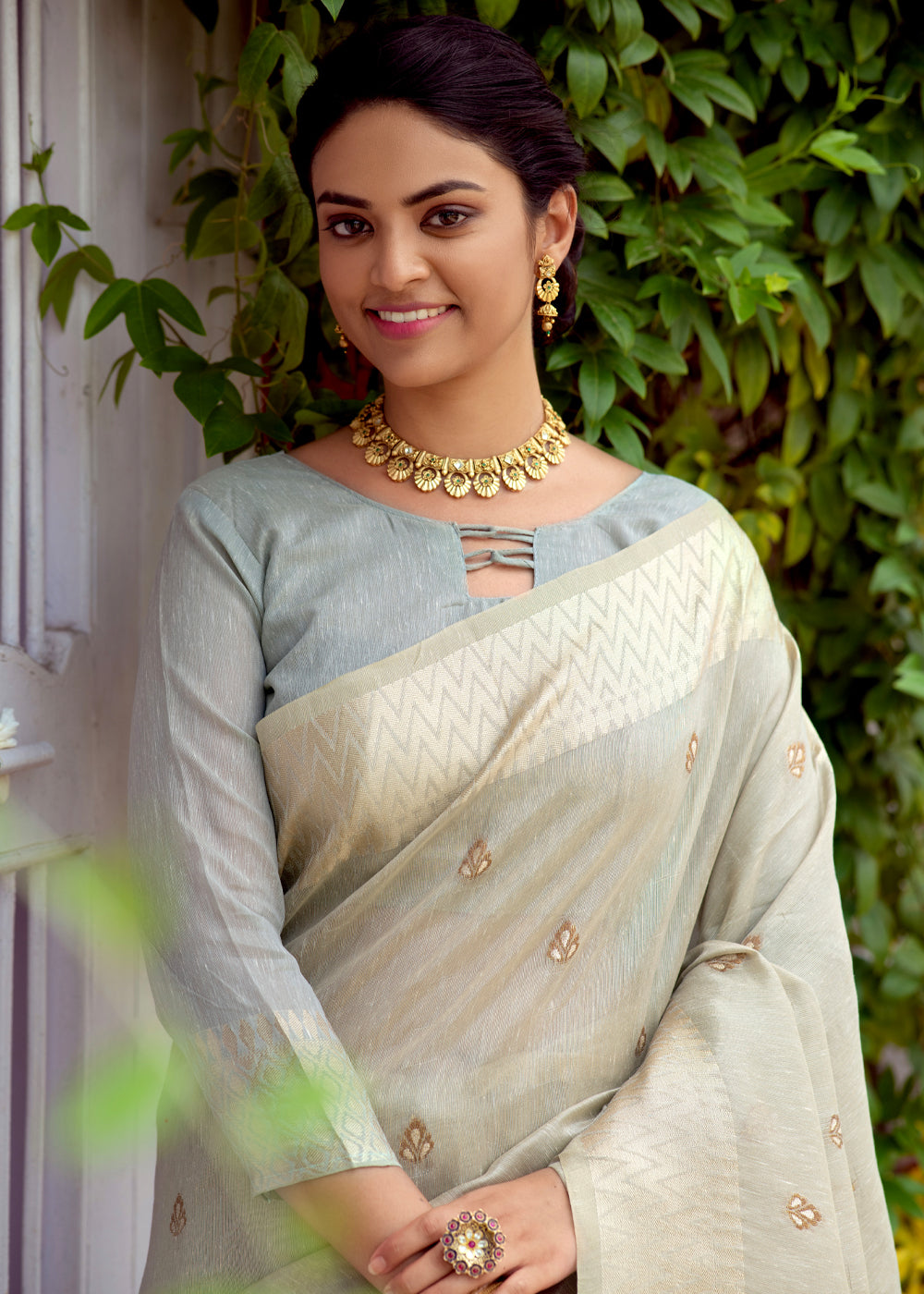 MySilkLove Soft Amber Grey Woven Banarasi Linen Silk Saree