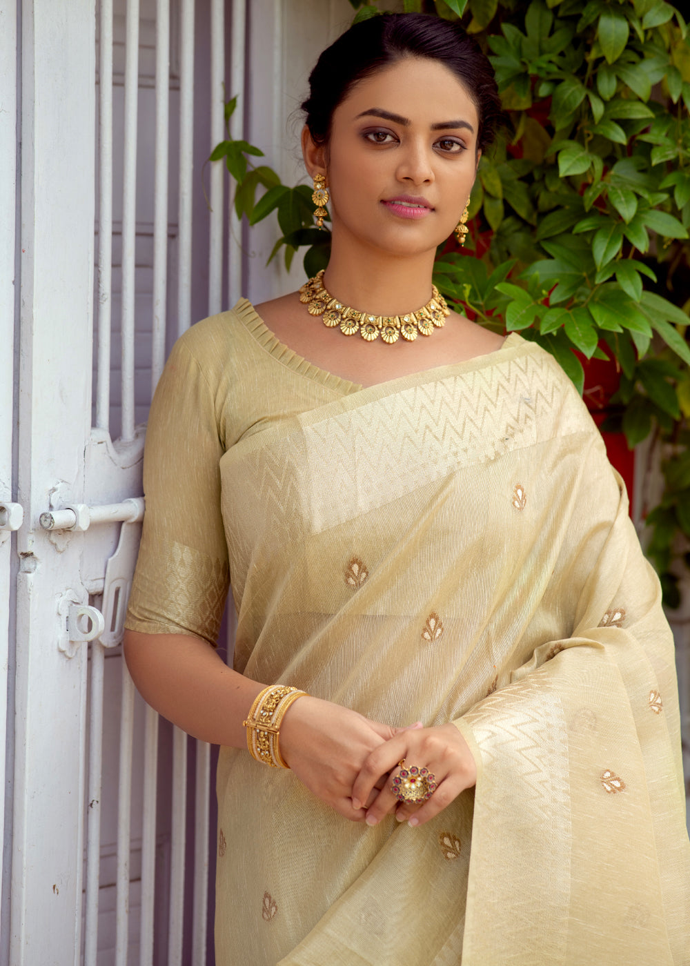 Akaroa Cream Woven Banarasi Linen Silk Saree
