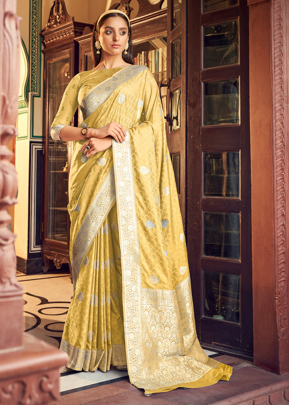Buy MySilkLove Sunset Pearl Yellow Banarasi Woven Satin Silk Saree Online