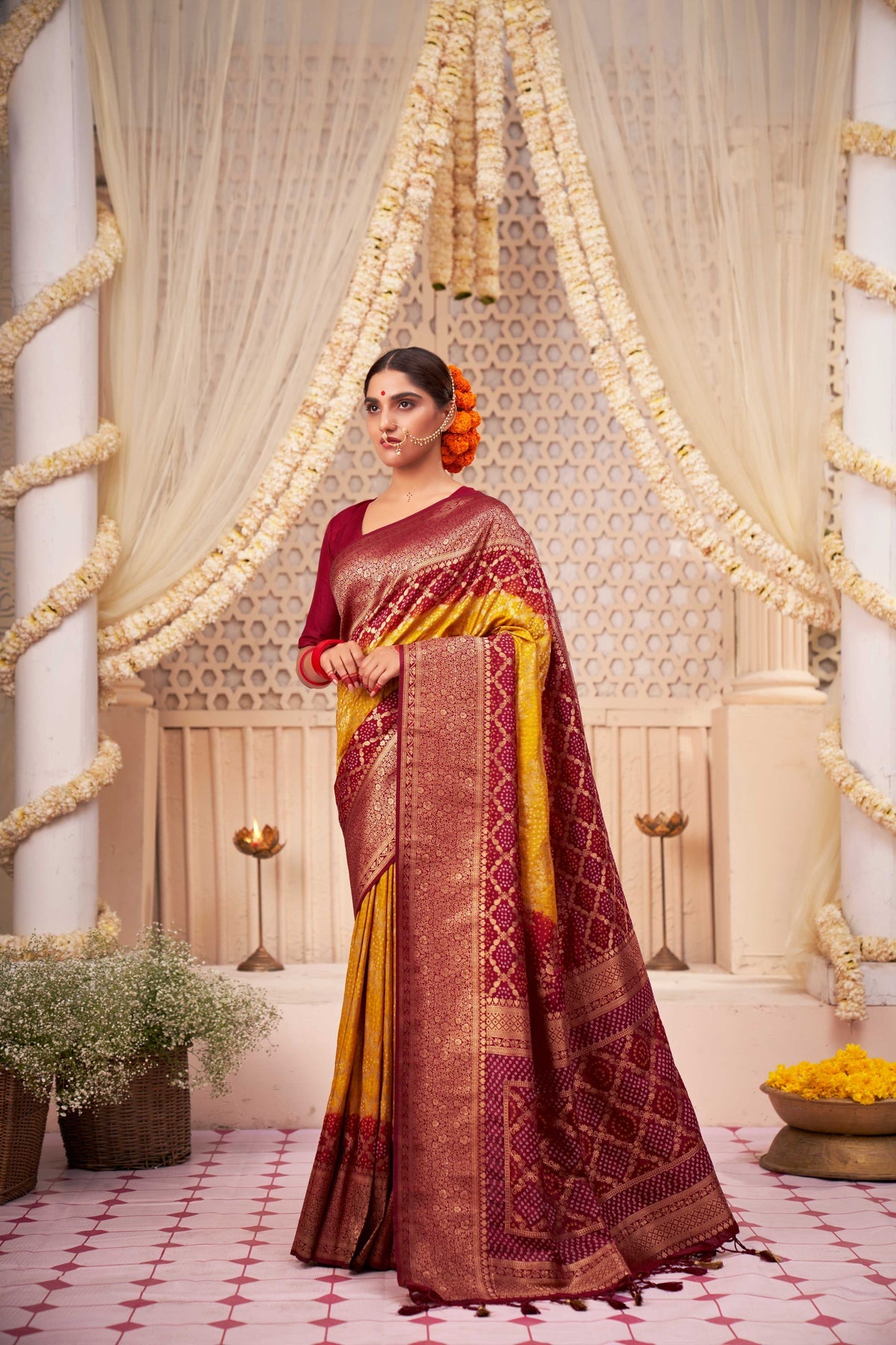 Buy MySilkLove Fuel Yellow Gold Zari with Bandhej Bandhani Raw Silk Saree Online