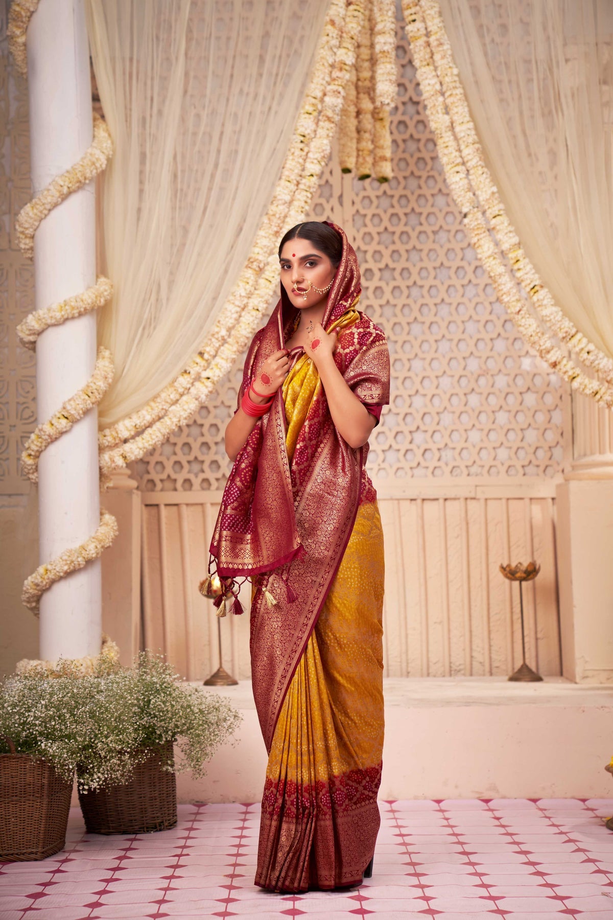 Buy MySilkLove Fuel Yellow Gold Zari with Bandhej Bandhani Raw Silk Saree Online