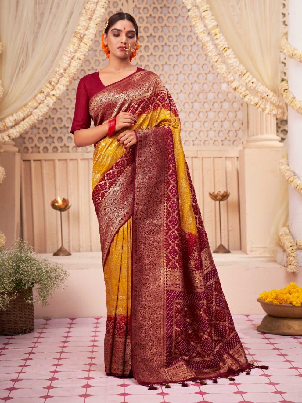 Buy MySilkLove Fuel Yellow Gold Zari with Bandhej Bandhani Raw Silk Saree Online