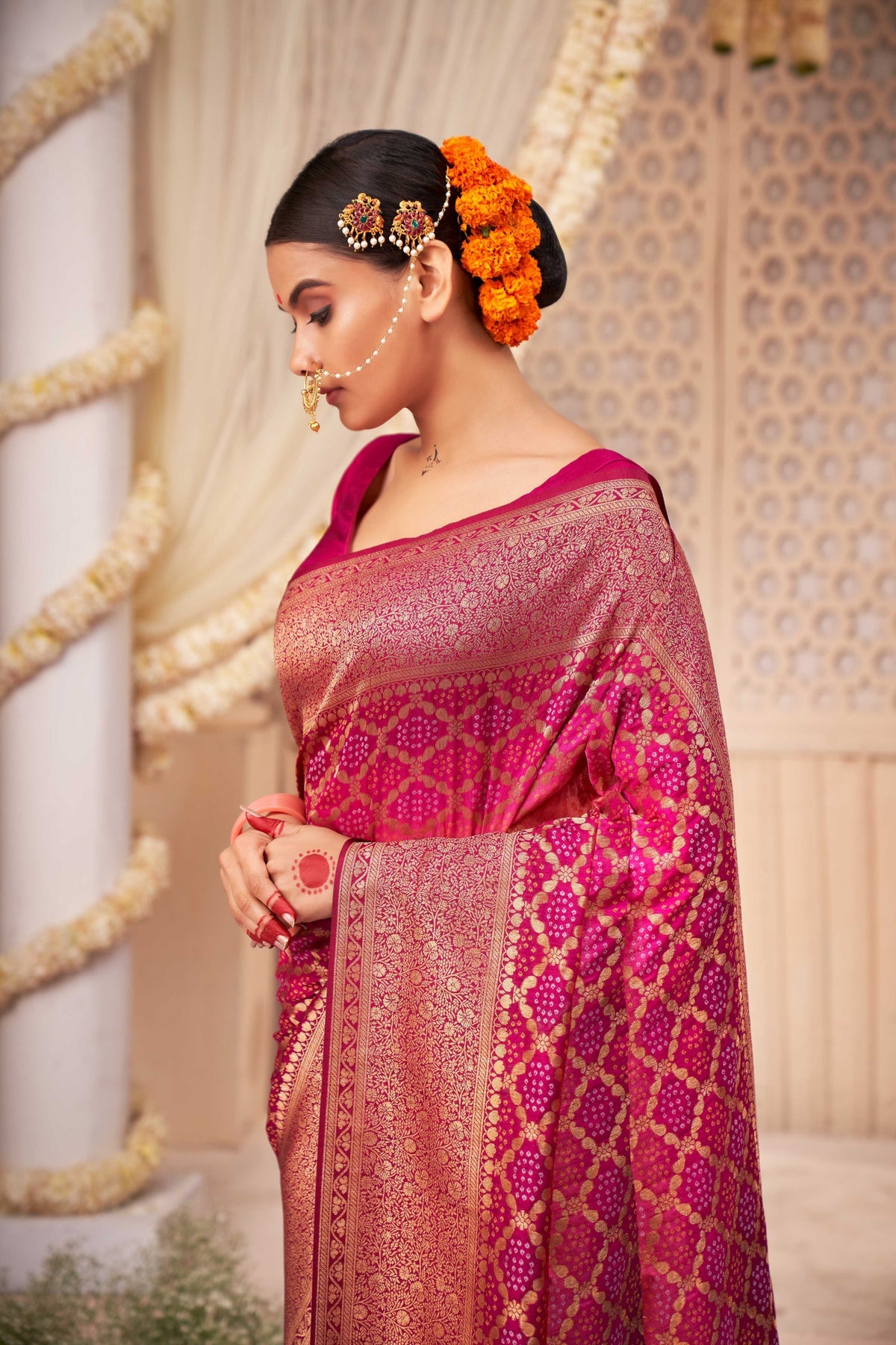 Buy MySilkLove Sasquatch Pink Gold Zari with Bandhej Bandhani Raw Silk Saree Online