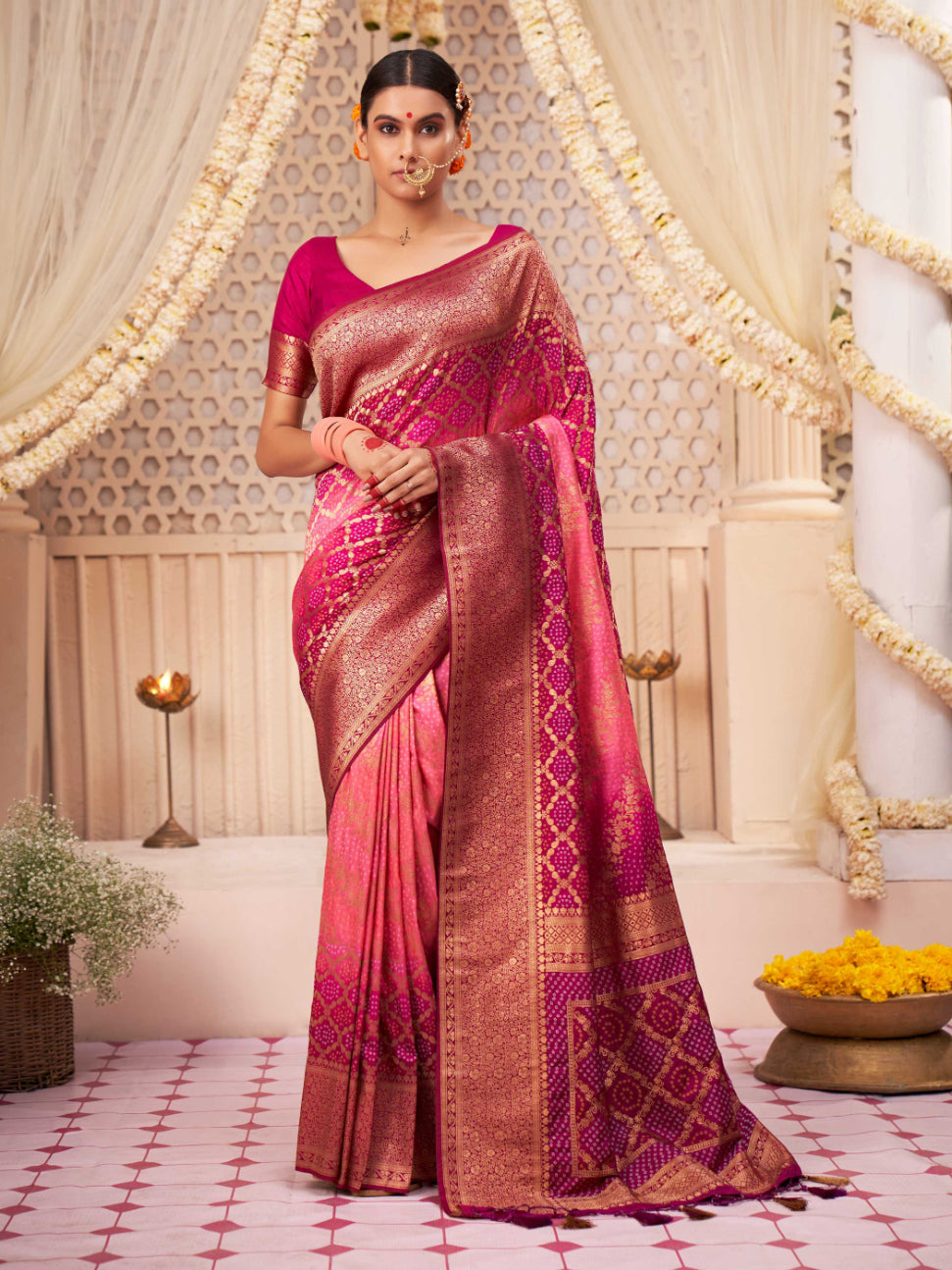 Buy MySilkLove Sasquatch Pink Gold Zari with Bandhej Bandhani Raw Silk Saree Online