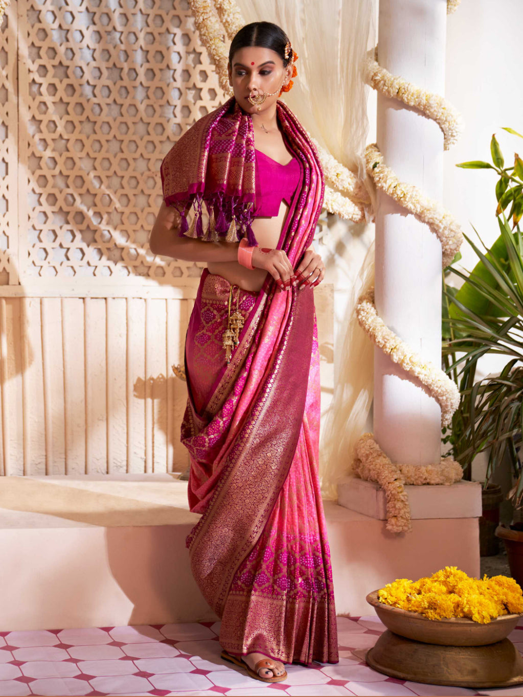 Buy MySilkLove Sasquatch Pink Gold Zari with Bandhej Bandhani Raw Silk Saree Online