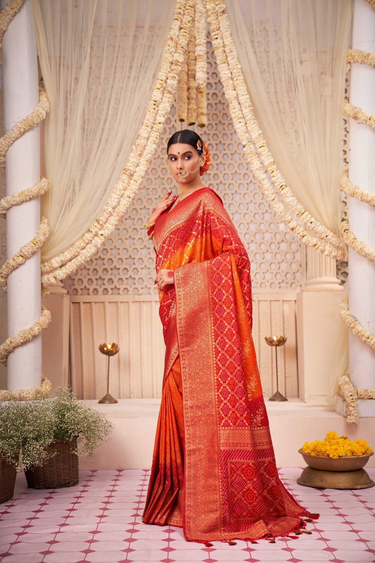 Buy MySilkLove Roof Terracotta Red Gold Zari with Bandhej Bandhani Raw Silk Saree Online