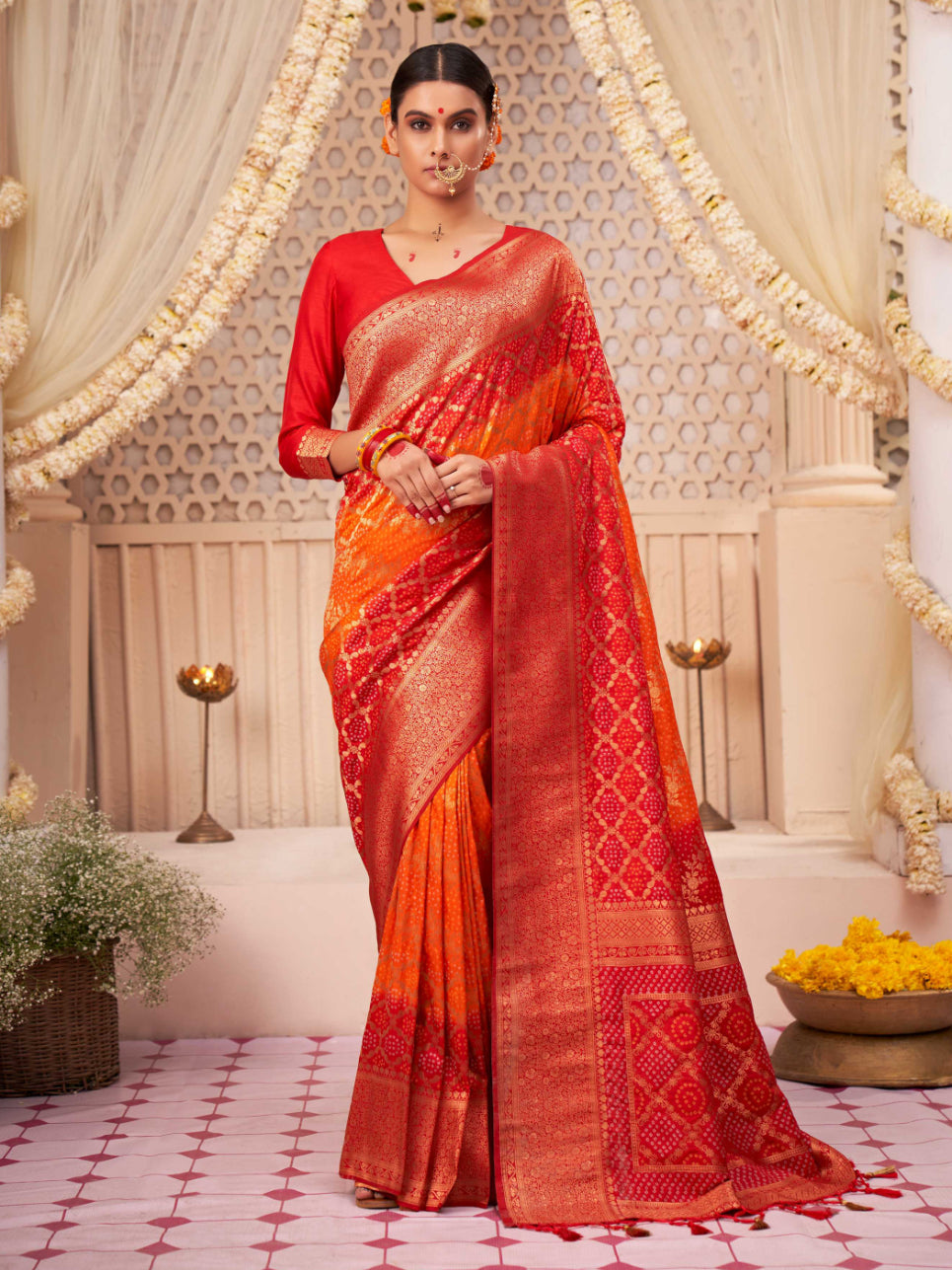 Buy MySilkLove Roof Terracotta Red Gold Zari with Bandhej Bandhani Raw Silk Saree Online