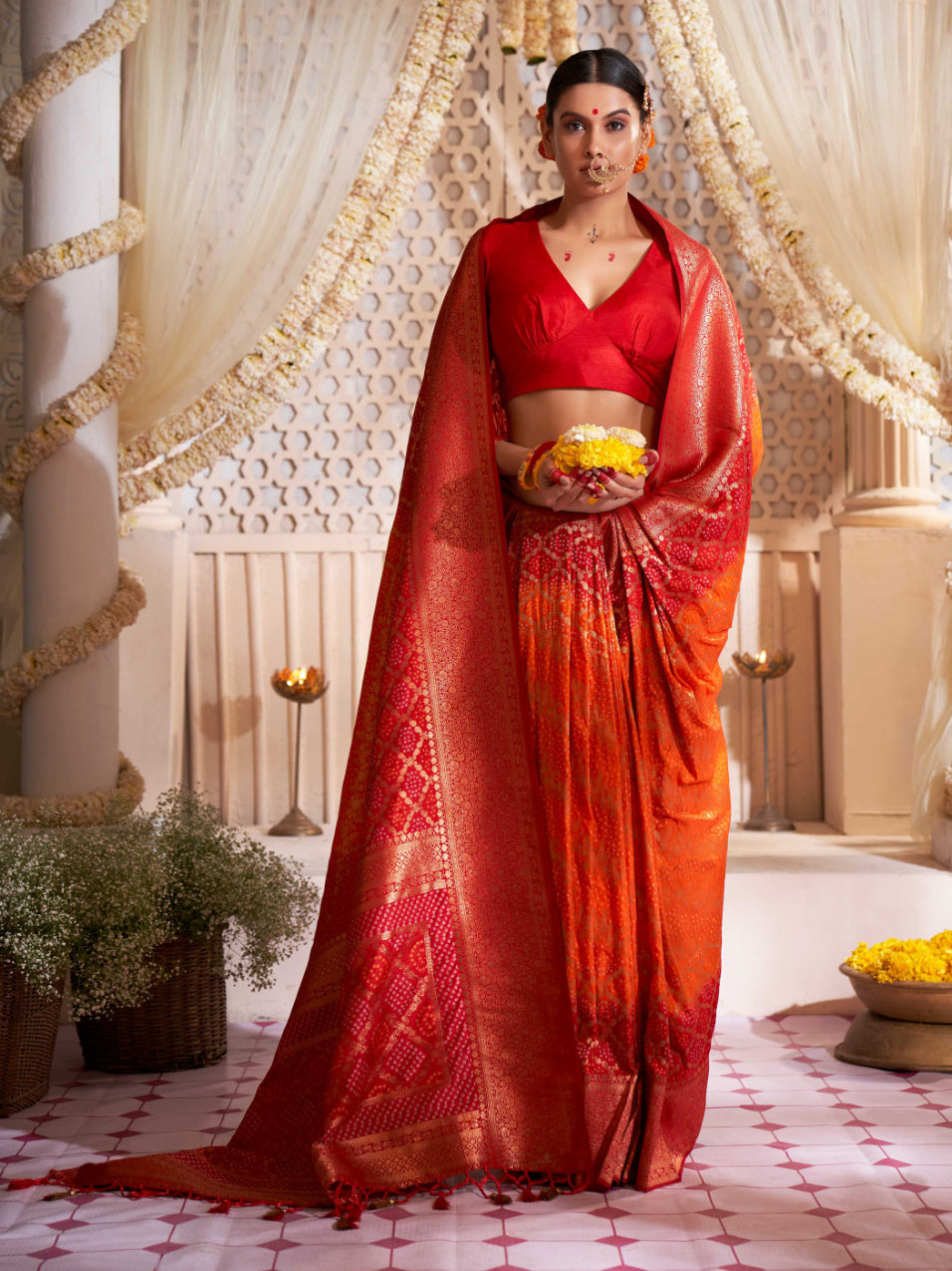 MySilkLove Roof Terracotta Red Gold Zari with Bandhej Bandhani Raw Silk Saree