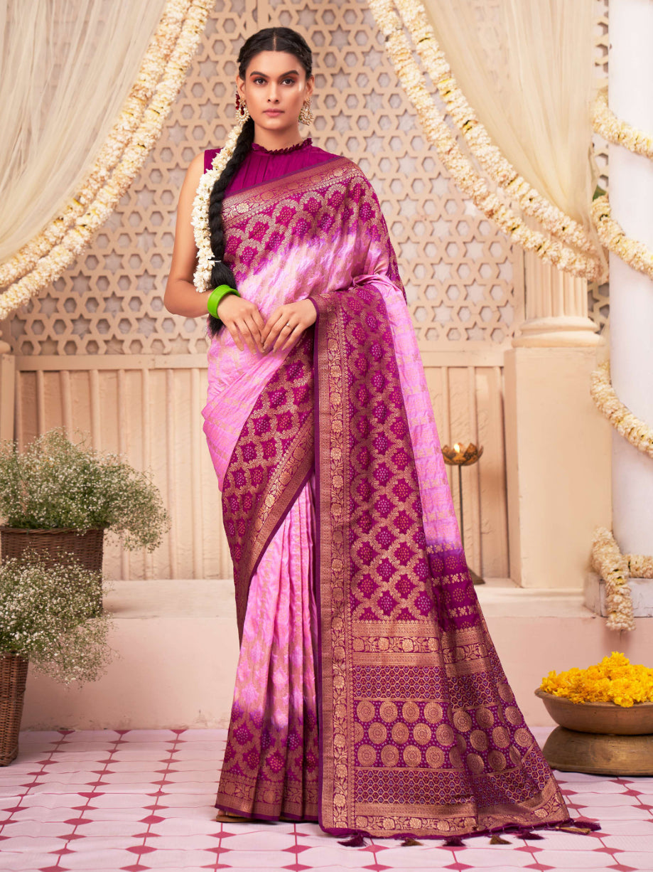Buy MySilkLove Lavender Rose Pink Gold Zari with Bandhej Bandhani Raw Silk Saree Online