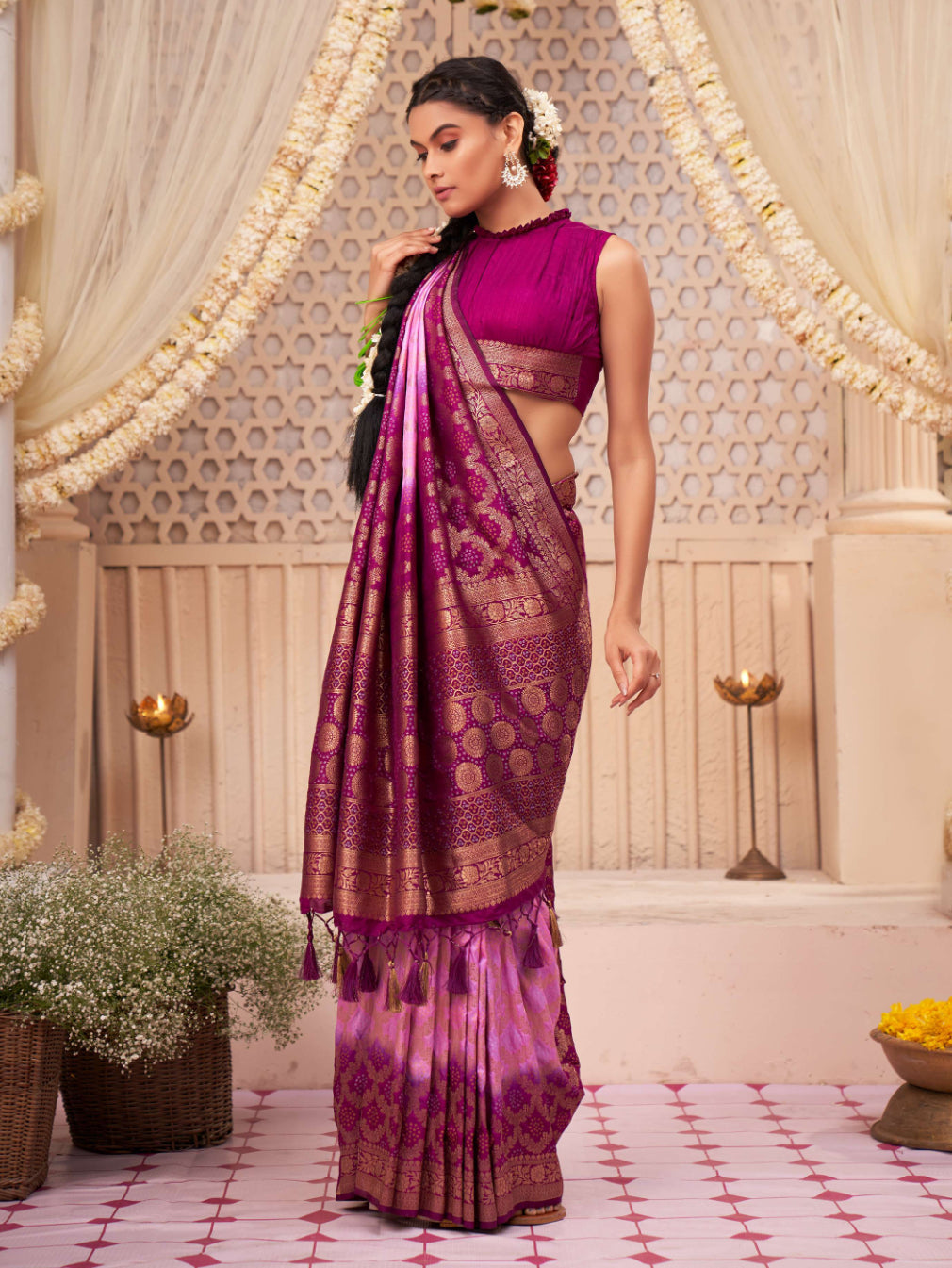 Buy MySilkLove Lavender Rose Pink Gold Zari with Bandhej Bandhani Raw Silk Saree Online