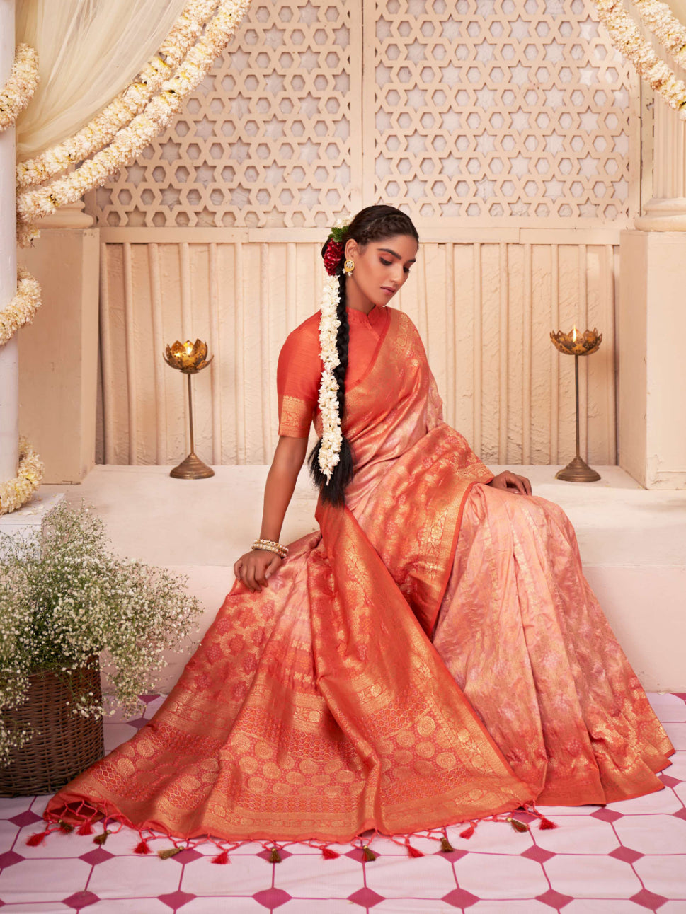 Buy MySilkLove Atomic Tangerine Orange Gold Zari with Bandhej Bandhani Raw Silk Saree Online