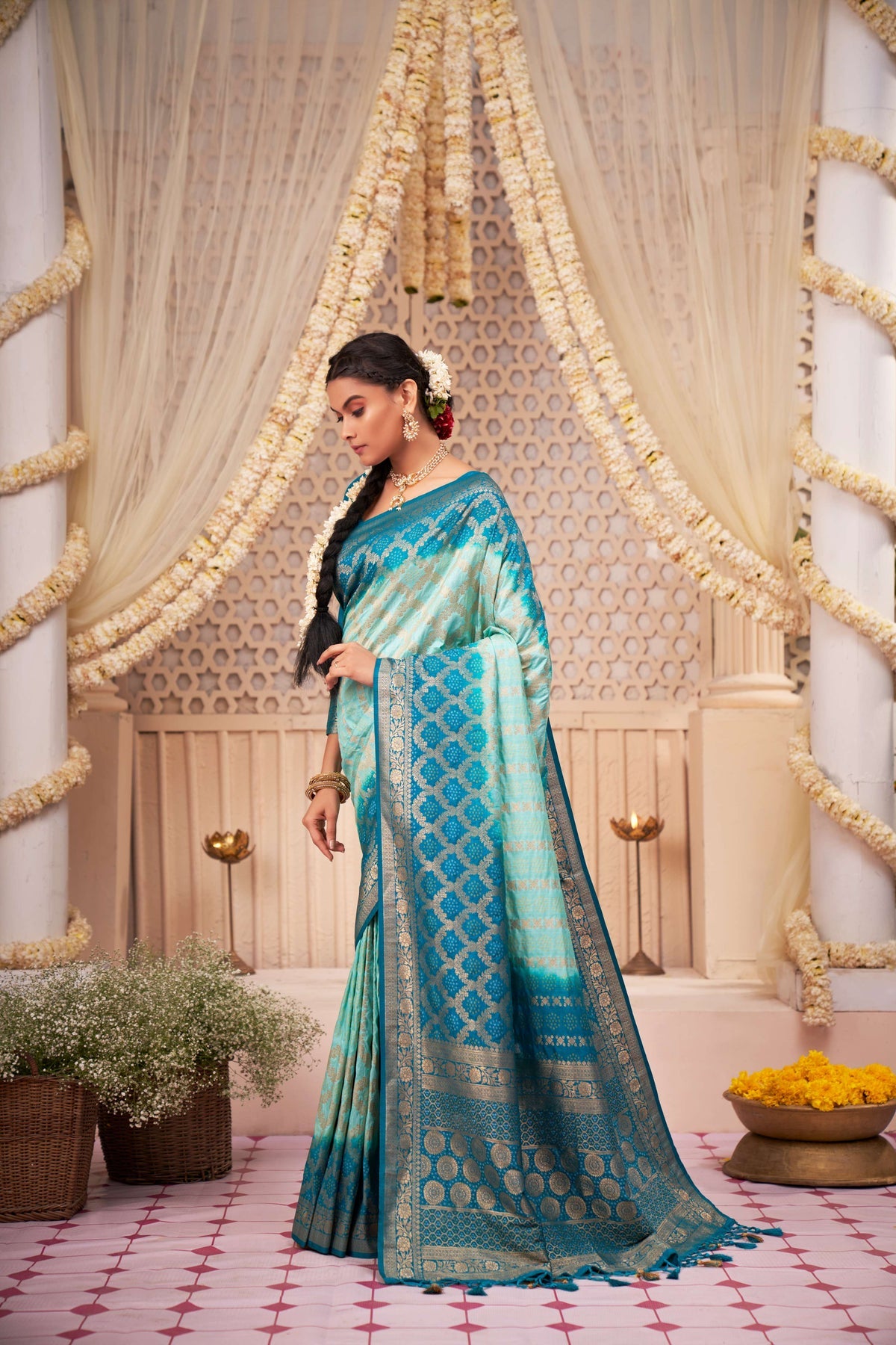 Buy MySilkLove Turquoise Pearl Blue Gold Zari with Bandhej Bandhani Raw Silk Saree Online