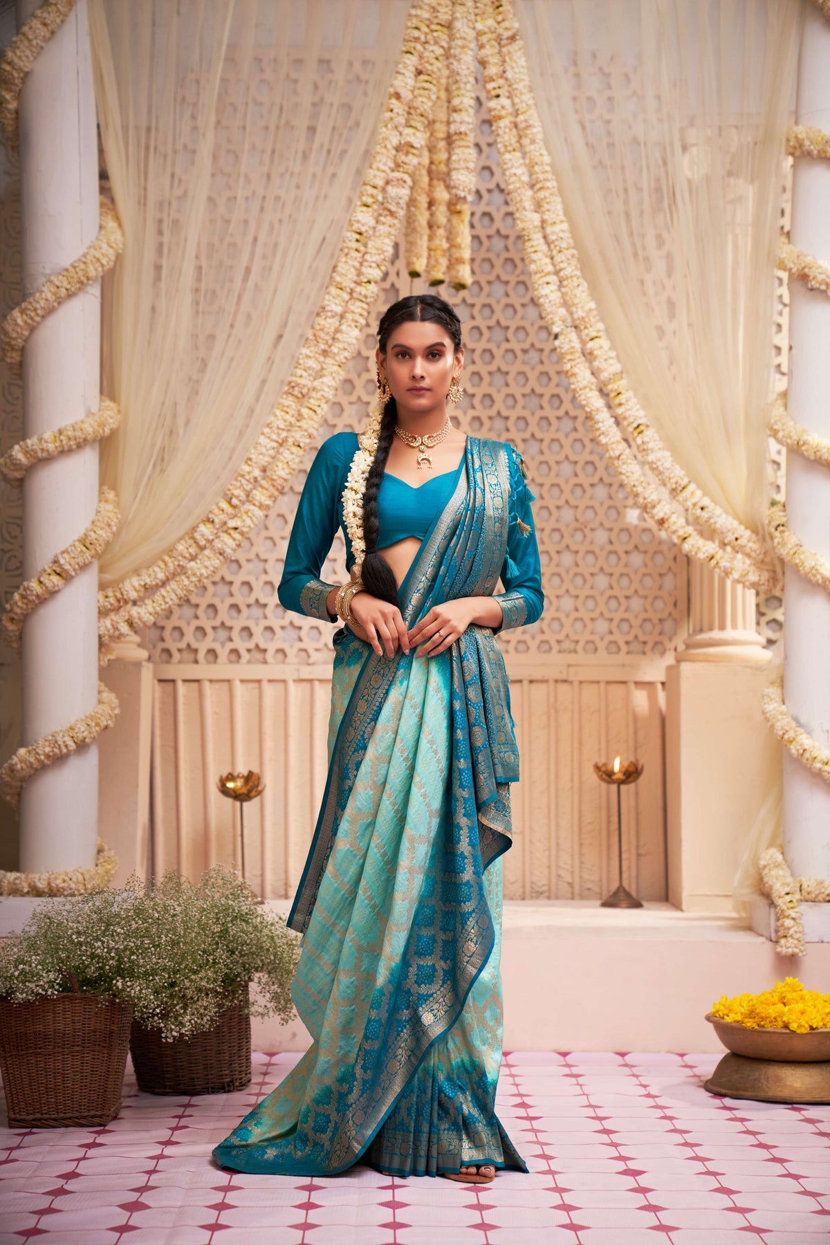 Buy MySilkLove Turquoise Pearl Blue Gold Zari with Bandhej Bandhani Raw Silk Saree Online