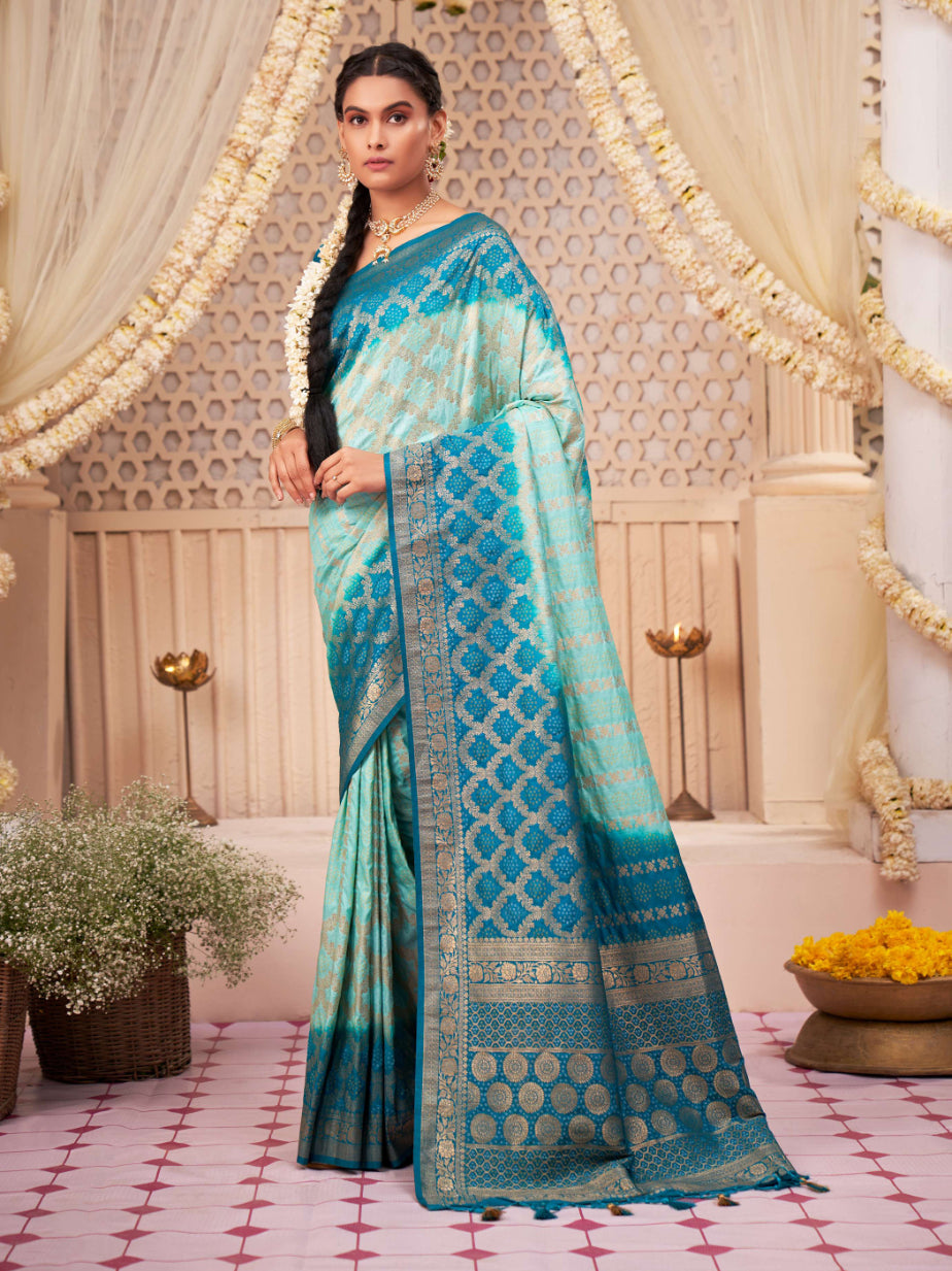 Buy MySilkLove Turquoise Pearl Blue Gold Zari with Bandhej Bandhani Raw Silk Saree Online