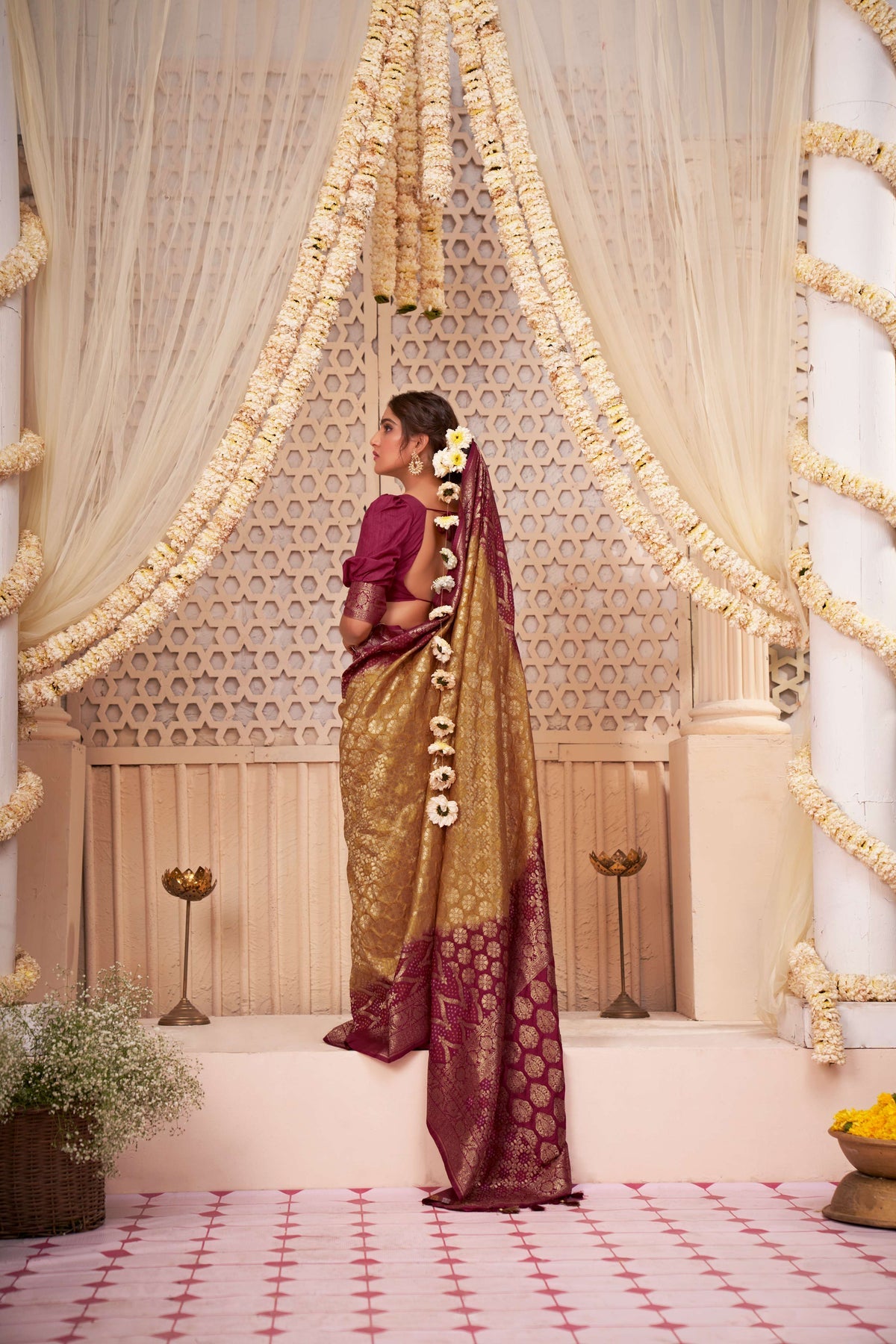 Buy MySilkLove Whiskey Yellow and Maroon Gold Zari with Bandhej Bandhani Raw Silk Saree Online