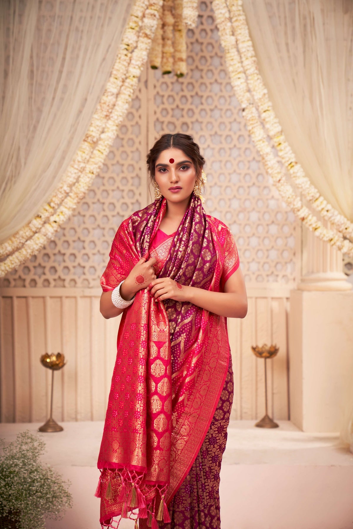 Buy MySilkLove Apple Blossom Brown Gold Zari with Bandhej Bandhani Raw Silk Saree Online