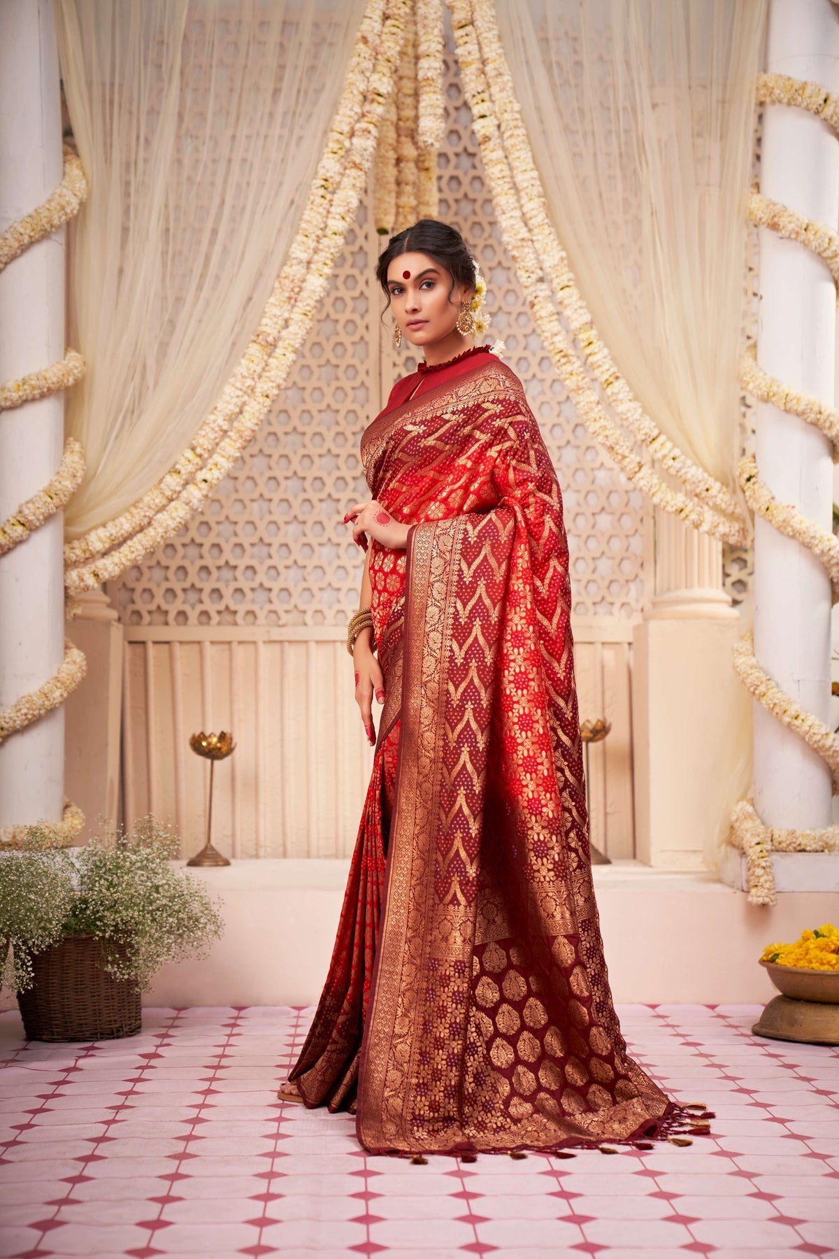 Buy MySilkLove Persian Red Gold Zari with Bandhej Bandhani Raw Silk Saree Online