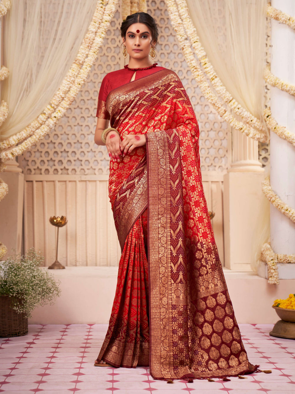 Buy MySilkLove Persian Red Gold Zari with Bandhej Bandhani Raw Silk Saree Online