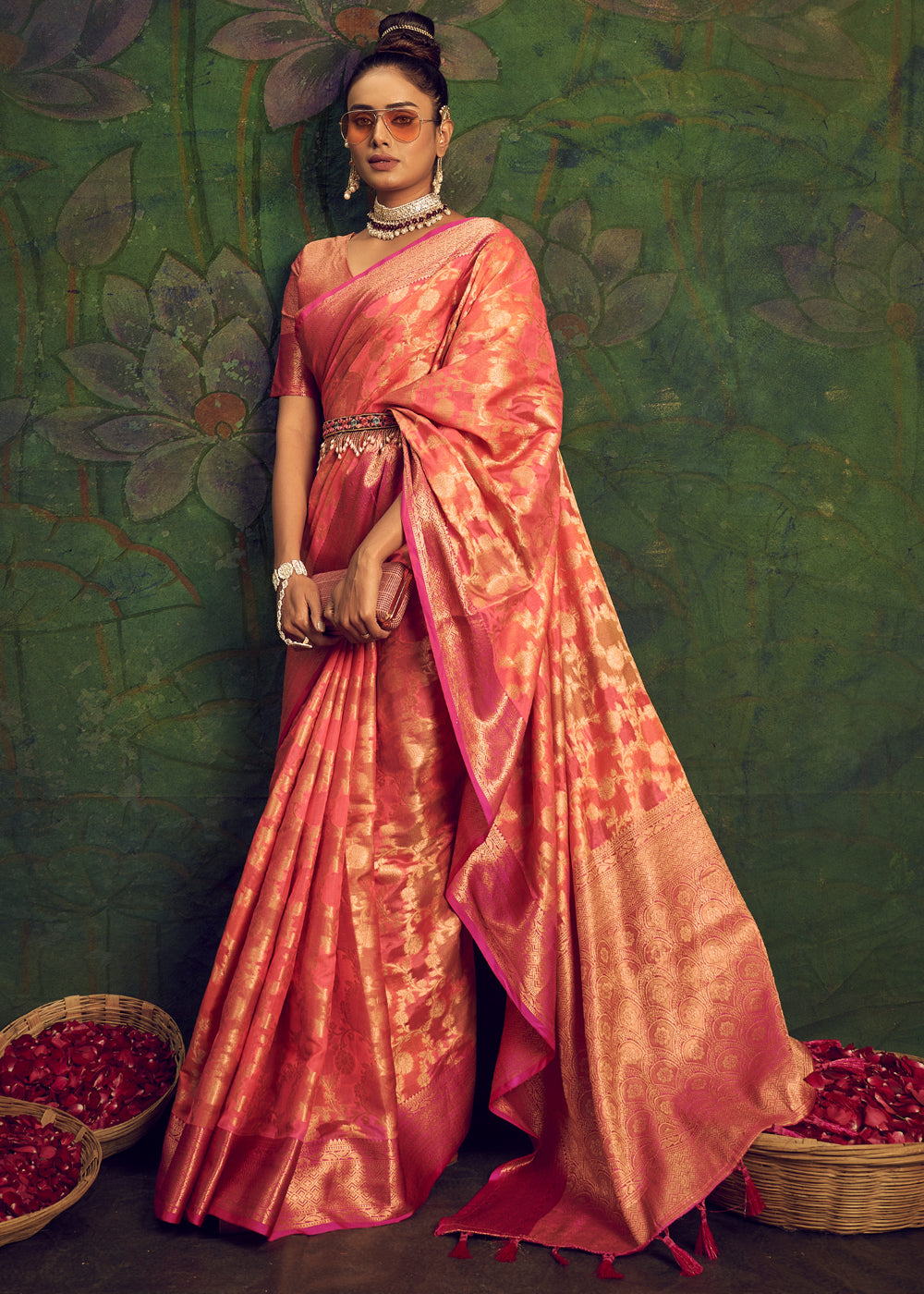 Buy MySilkLove Salmon Peach Woven Banarasi Rangkath Silk Saree Online