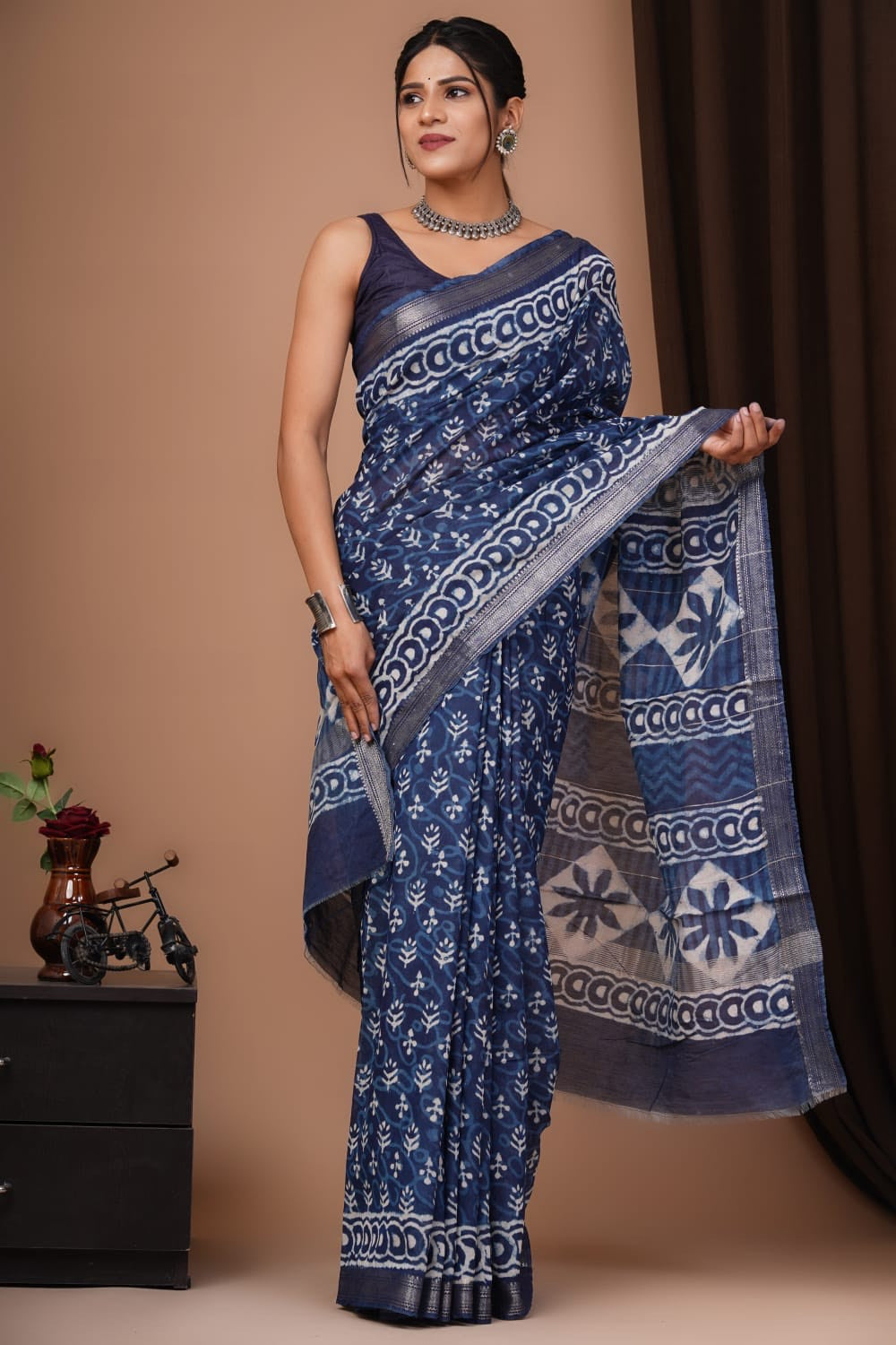 Buy MySilkLove Lynch Blue Handblock Kota Doriya Saree Online