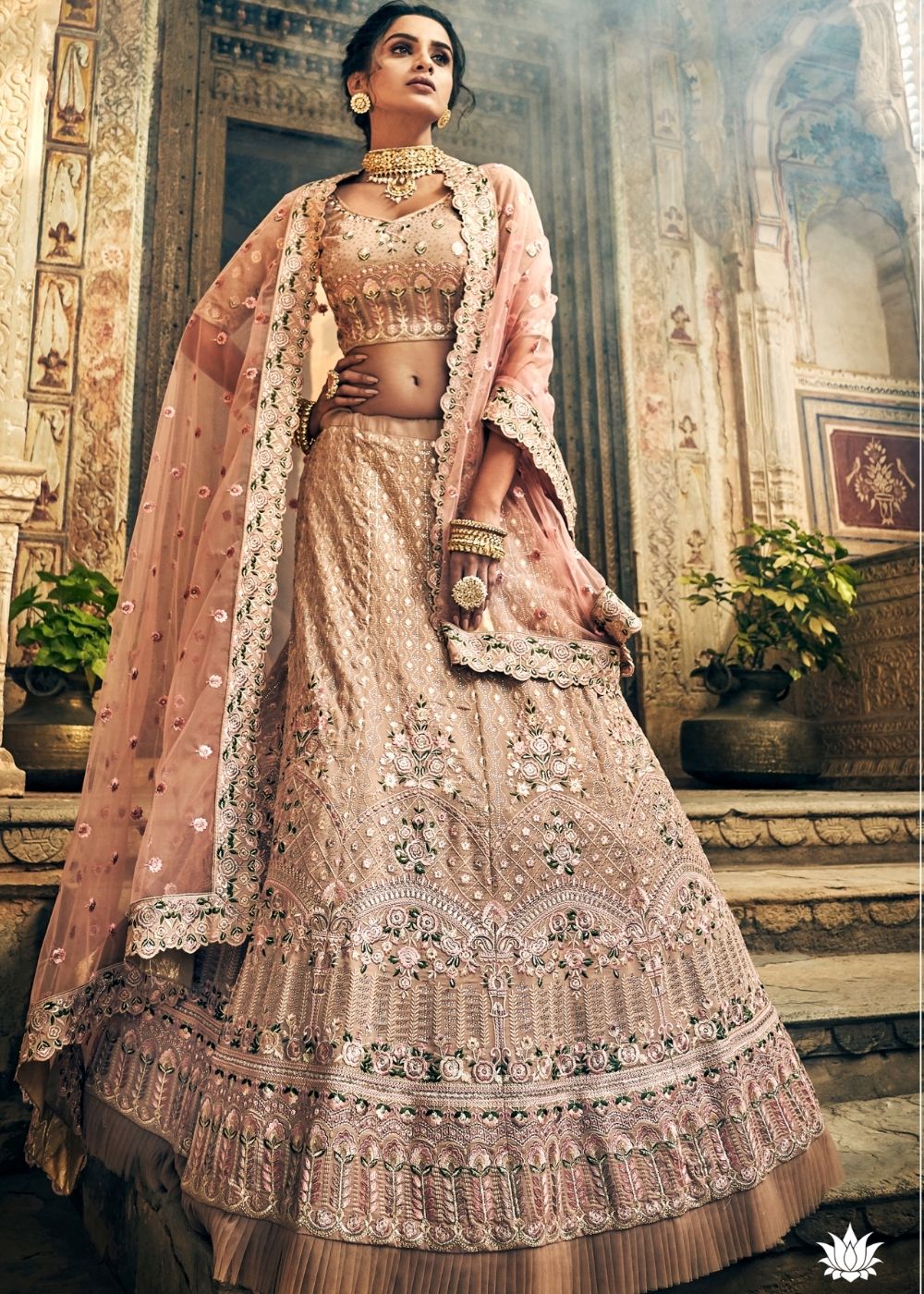 Buy MySilkLove Antique Brass Pink Georgette Lehenga Choli Online