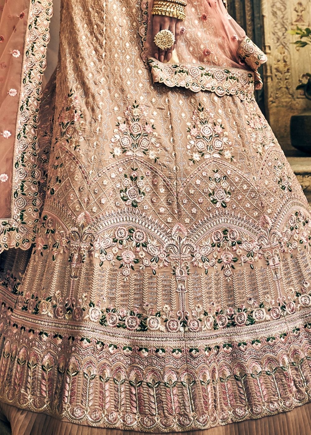 Buy MySilkLove Antique Brass Pink Georgette Lehenga Choli Online