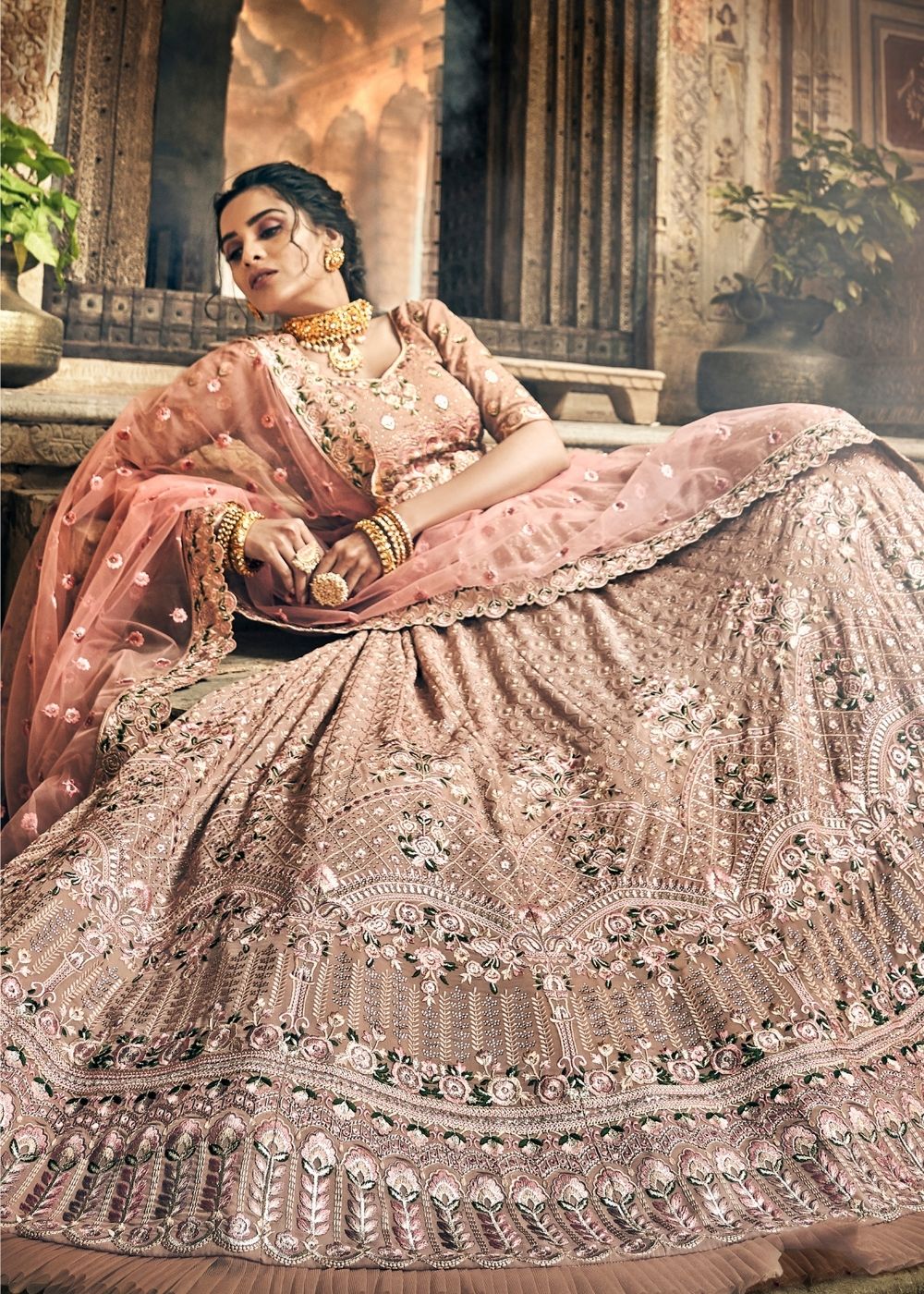 Buy MySilkLove Antique Brass Pink Georgette Lehenga Choli Online