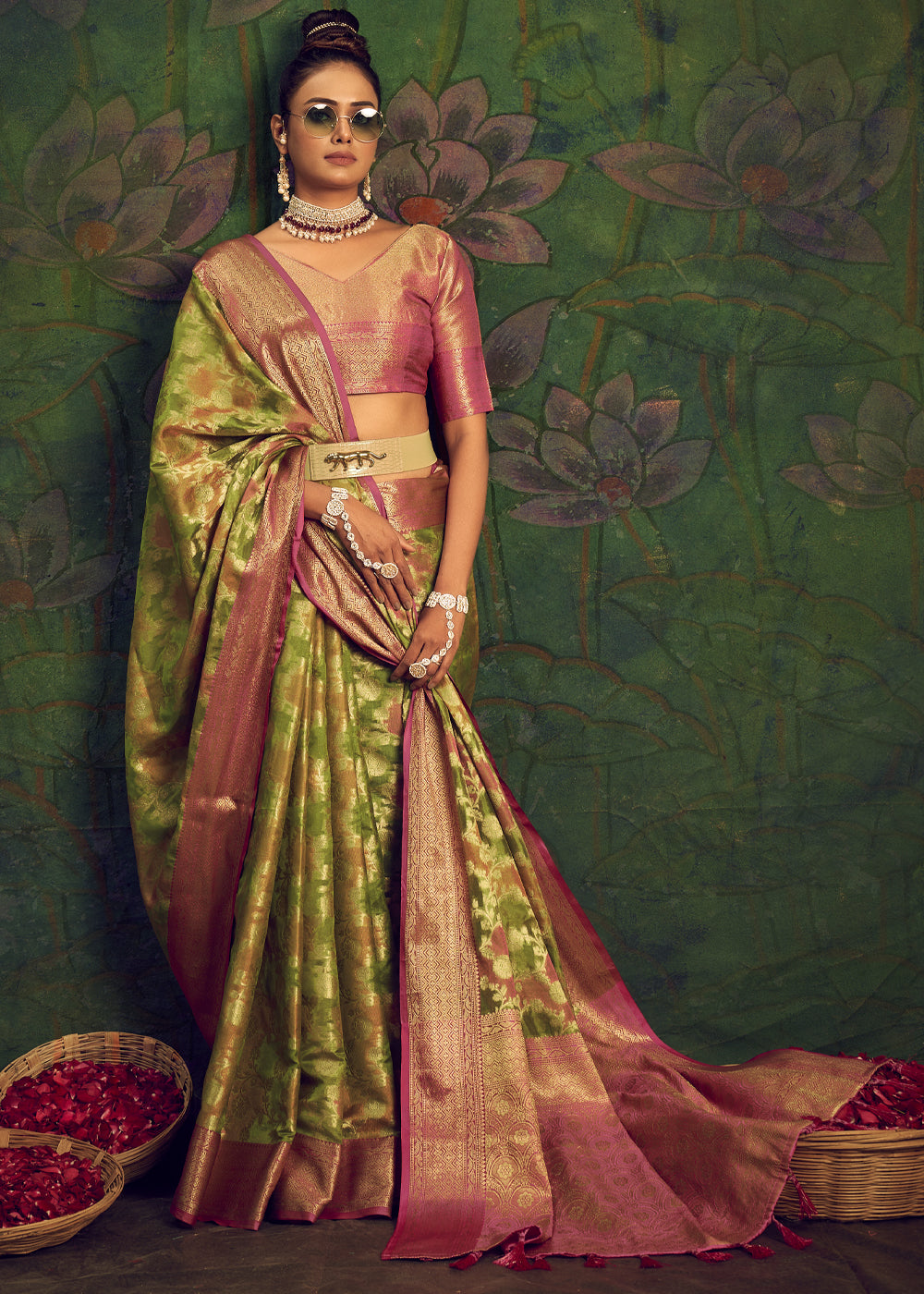 Buy MySilkLove Olive Green Woven Banarasi Rangkath Silk Saree Online