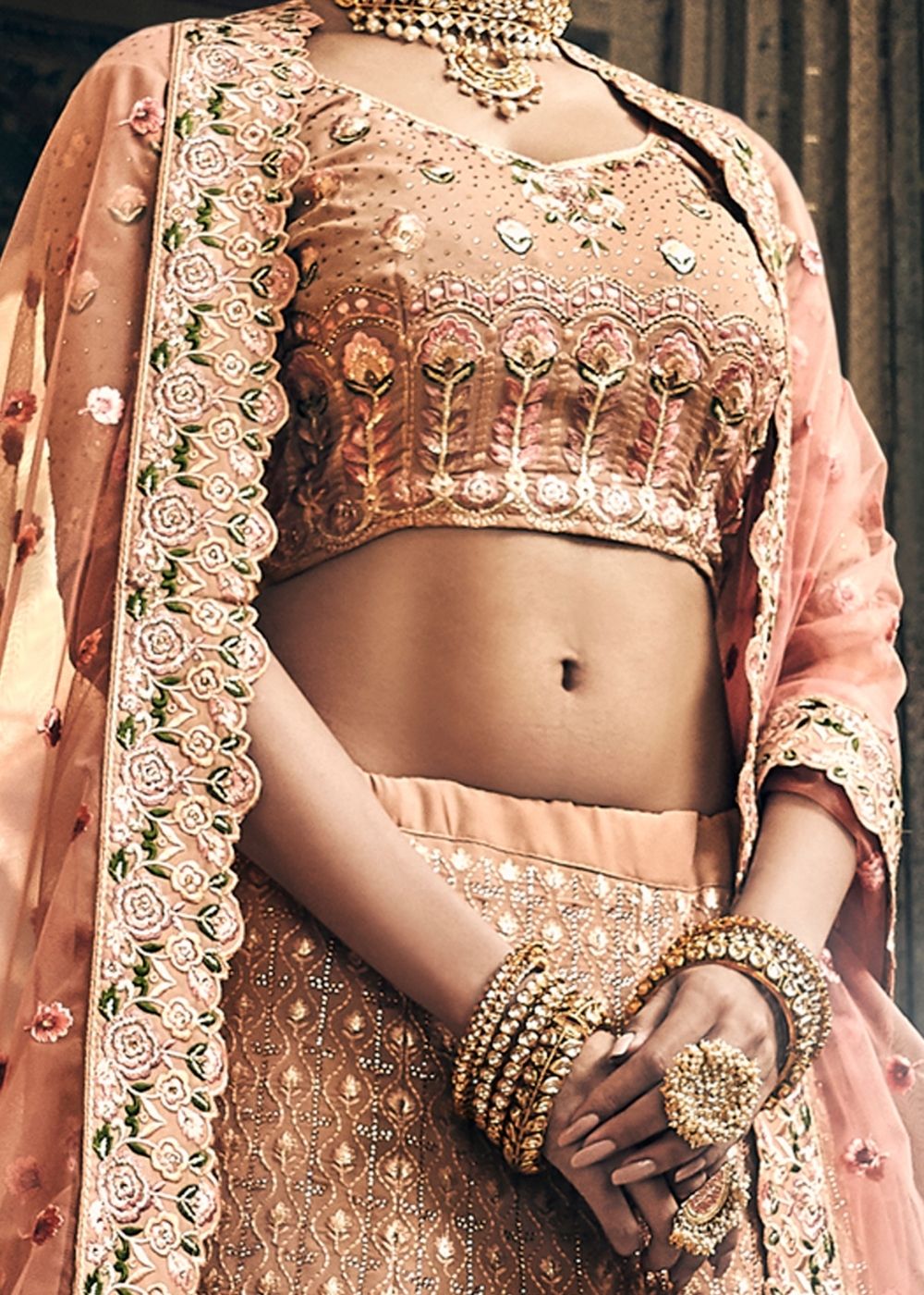 Buy MySilkLove Antique Brass Pink Georgette Lehenga Choli Online