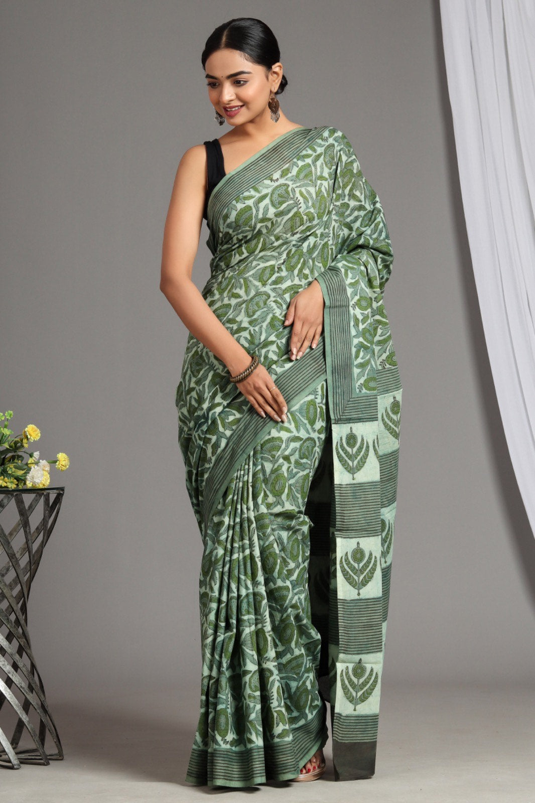 Buy MySilkLove Envy Green Soft Mulmul Cotton Handblock Printed Saree Online