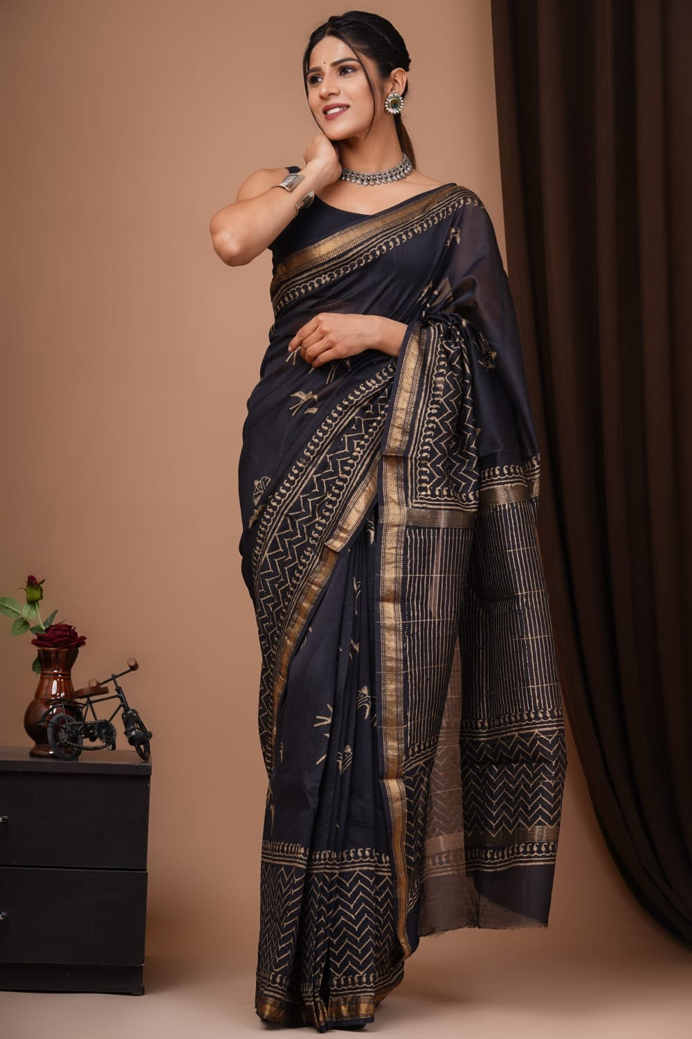 Buy MySilkLove Woodsmoke Black Handblock Kota Doriya Saree Online