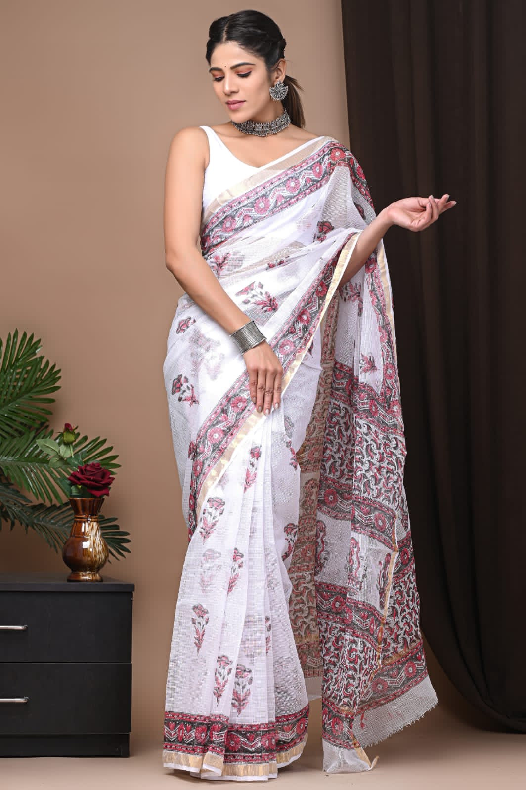 Buy MySilkLove Coconut White Handblock Kota Doriya Saree Online