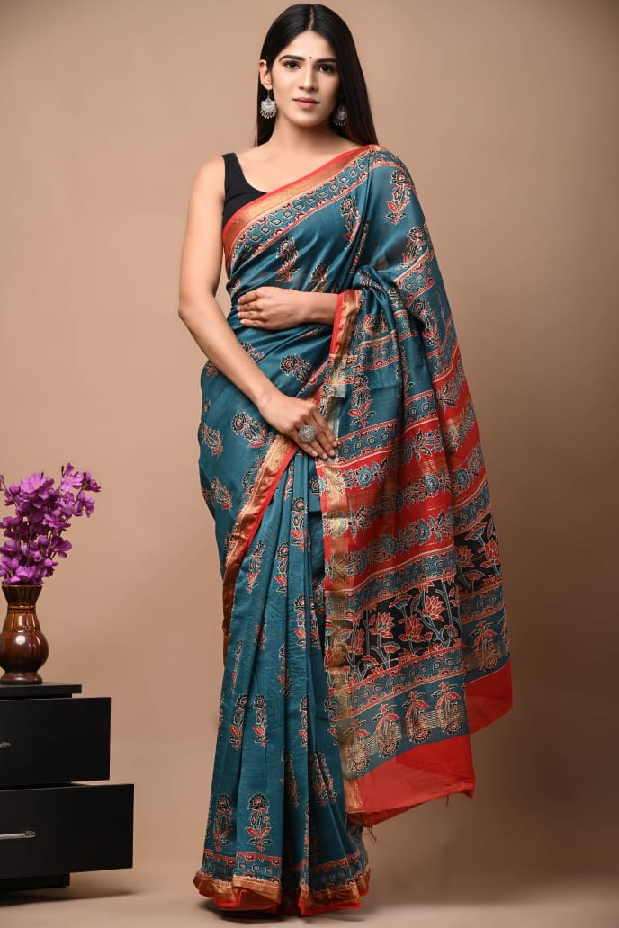 Buy MySilkLove Spectra Blue Handblock Kota Doriya Saree Online