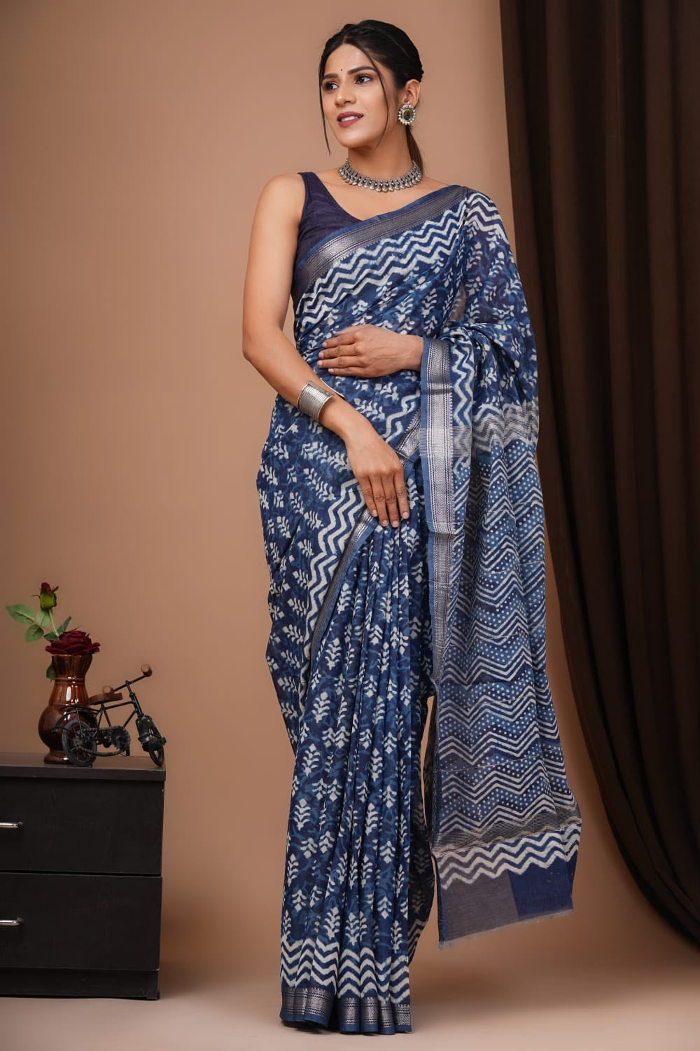 Buy MySilkLove Comet Blue Handblock Kota Doriya Saree Online