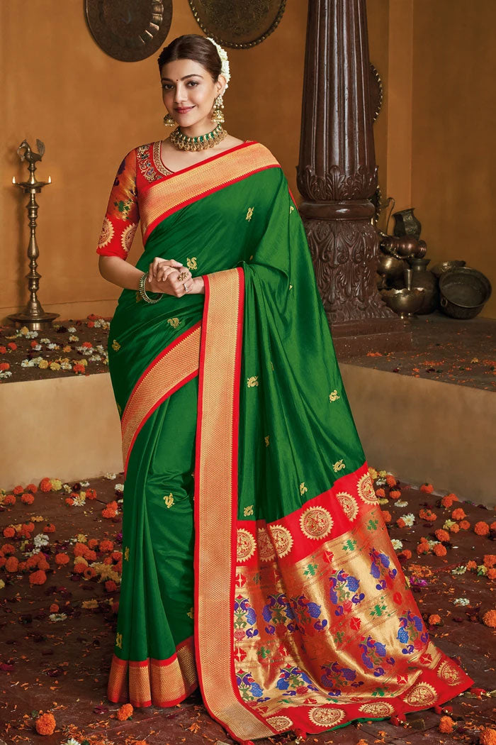 Buy MySilkLove Bridal Green Gold Zari Woven Designer Paithani Saree - MySilkLove Online