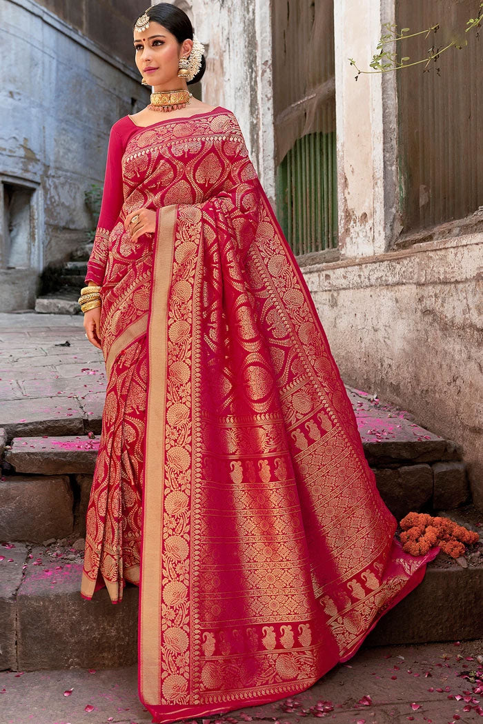 Buy MySilkLove Amaranth Pink Zari Woven Banarasi Saree - MySilkLove Online