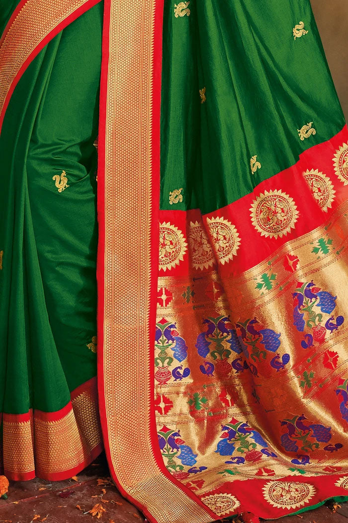 Buy MySilkLove Bridal Green Gold Zari Woven Designer Paithani Saree - MySilkLove Online