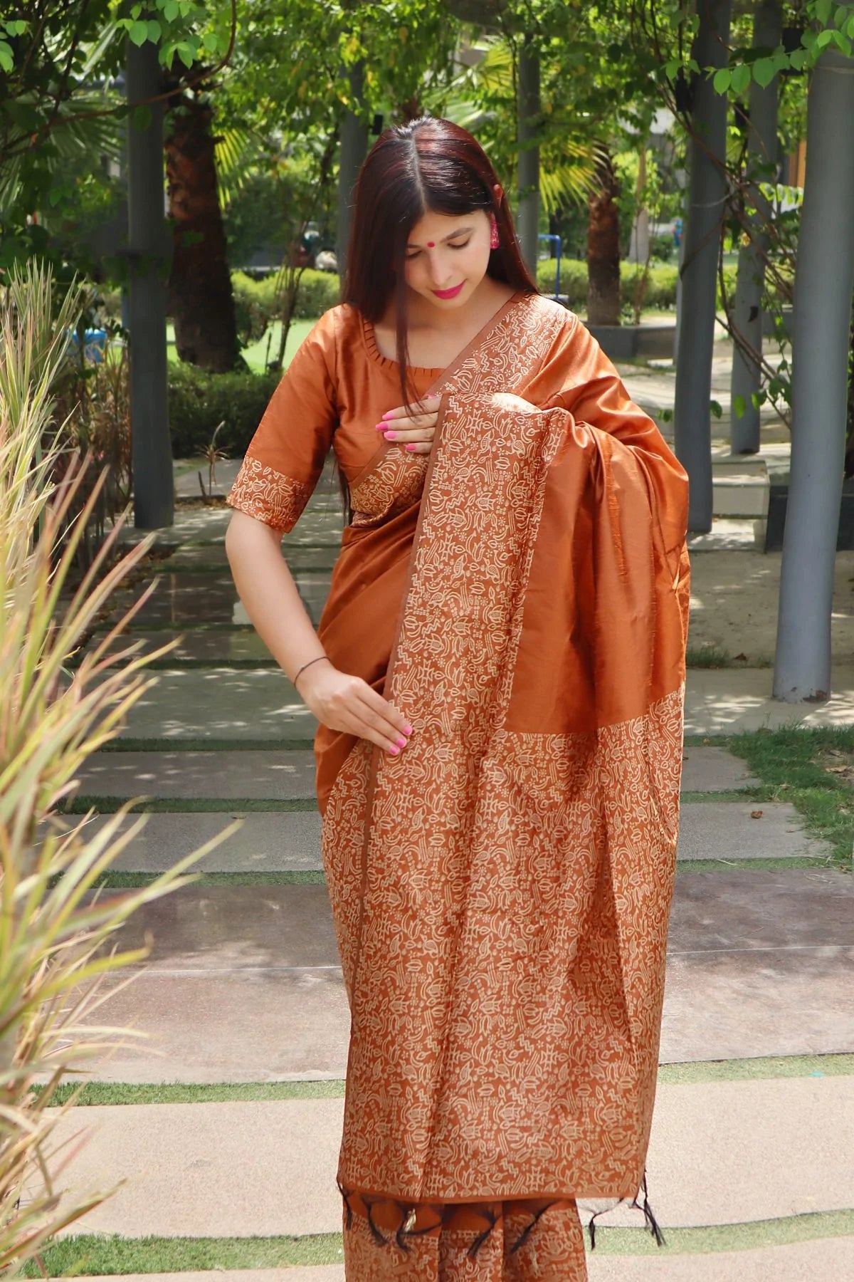 Buy MySilkLove Tan Orange Banarasi Raw Silk Saree Online